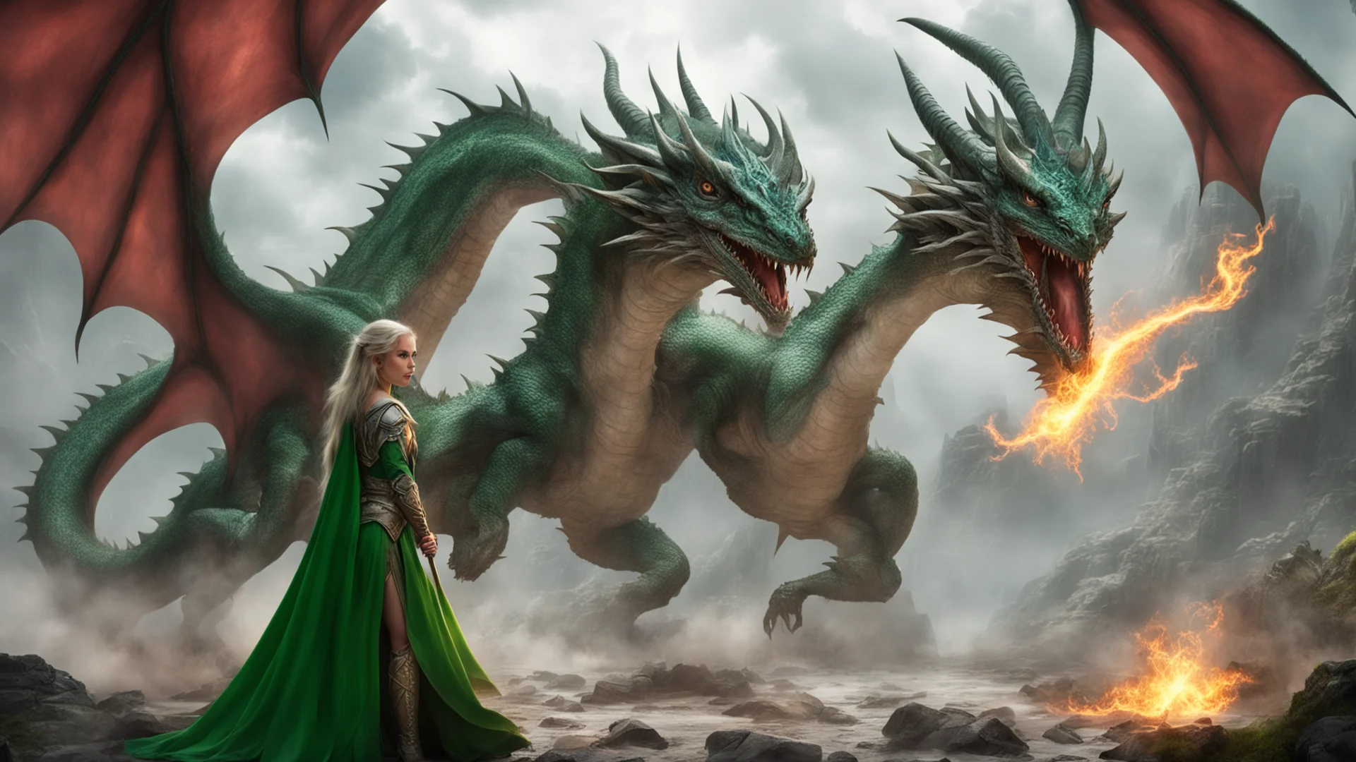 artstation art elven princess casts a spell in front of attacking dragon confident engaging wow 3 wide