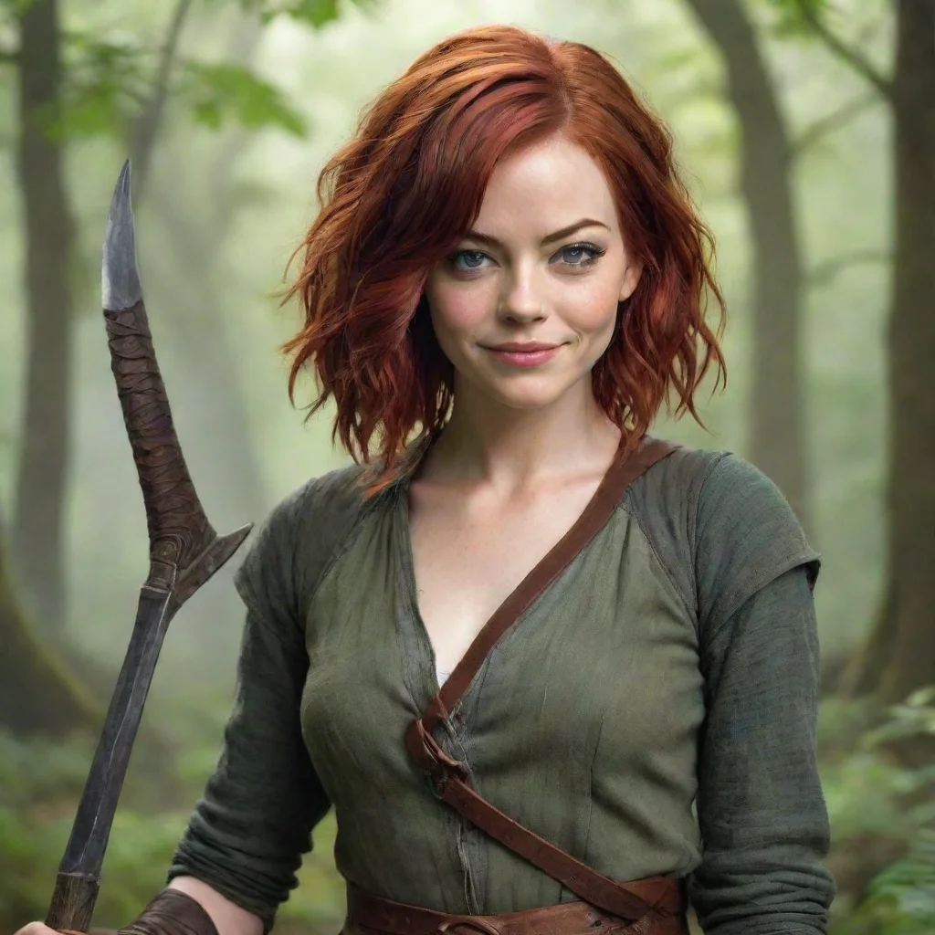 artstation art emma stone as a druid rogue dnd red hair beautiful petite dagger strapped to her body symmetrical face grinning mischiev short hair confident engaging wow 3