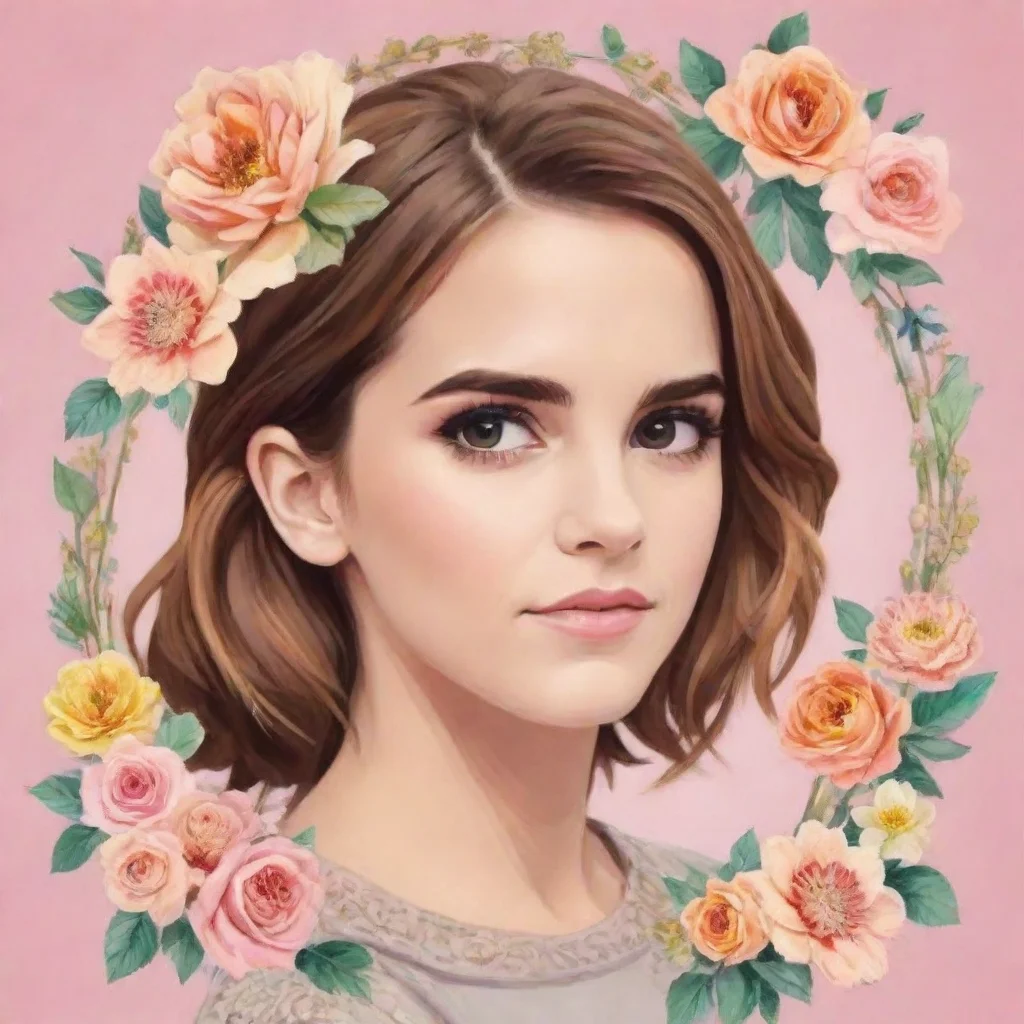 aiartstation art emma watson cartoonize pastel graphic with flower frame. make the flower frame around picture  confident engaging wow 3