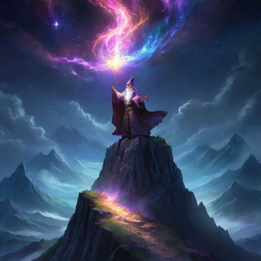artstation art epic anime artwork of a wizard atop a mountain at night casting a cosmic spell into the dark sky that says %22stable diffusion 3%22 made out of colorful energy confident engaging wow 