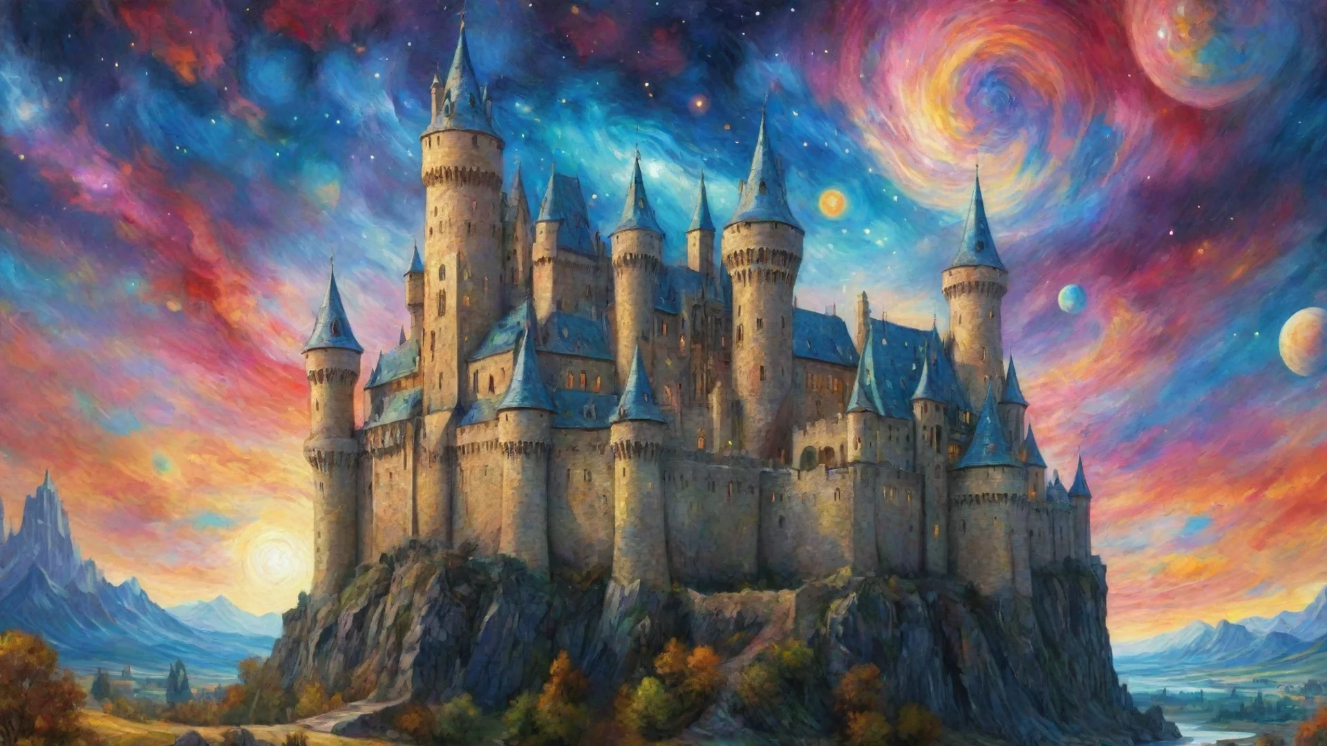 artstation art epic castle with colorful artistic sky planets van gogh style detailed hd asthetic castle confident engaging wow 3 wide