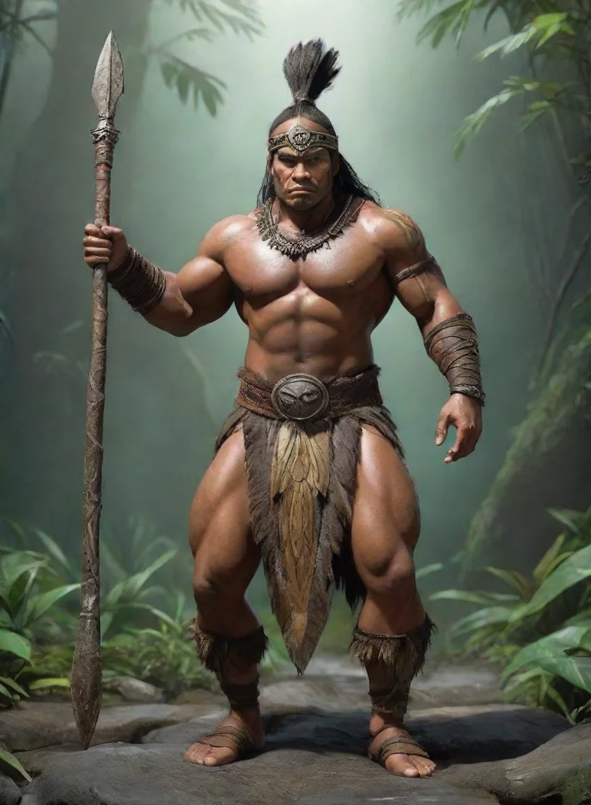 artstation art epic character strong warrior pacific islander greenstone spear fearsome hd wow confident engaging wow 3 landscape43