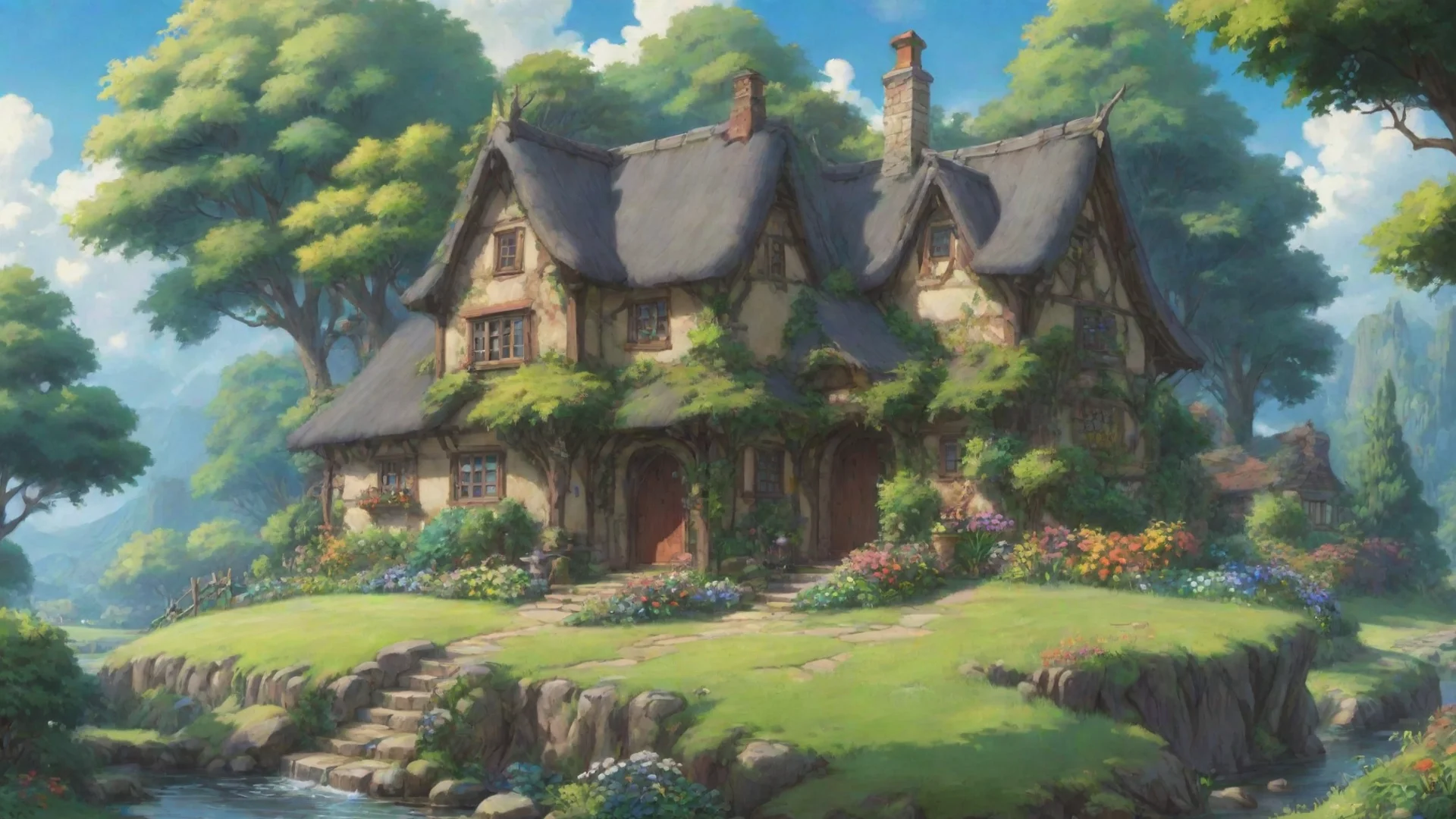 aiartstation art epic landscape sweet cottage interesting plants anime hd ghibli confident engaging wow 3 wide