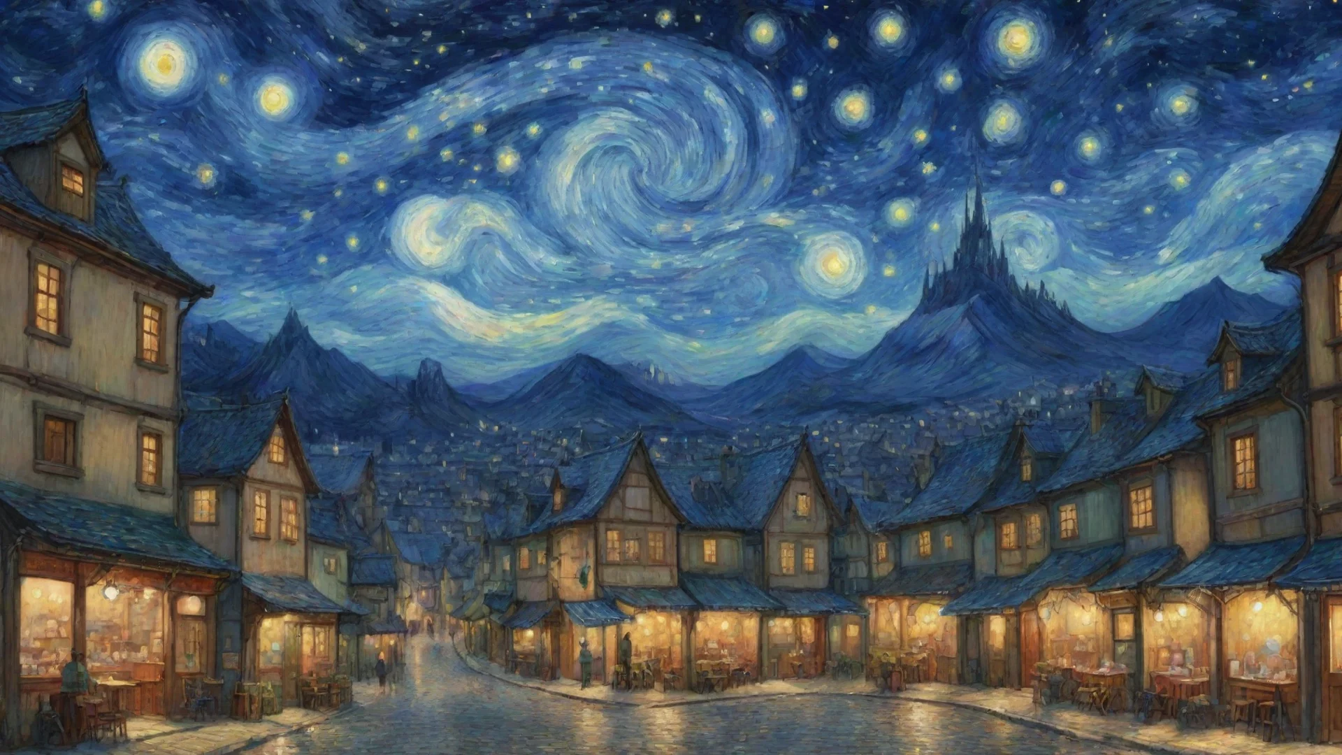 artstation art epic lovely artistic ghibli van gogh stary night anime town detailed asthetic confident engaging wow 3 wide