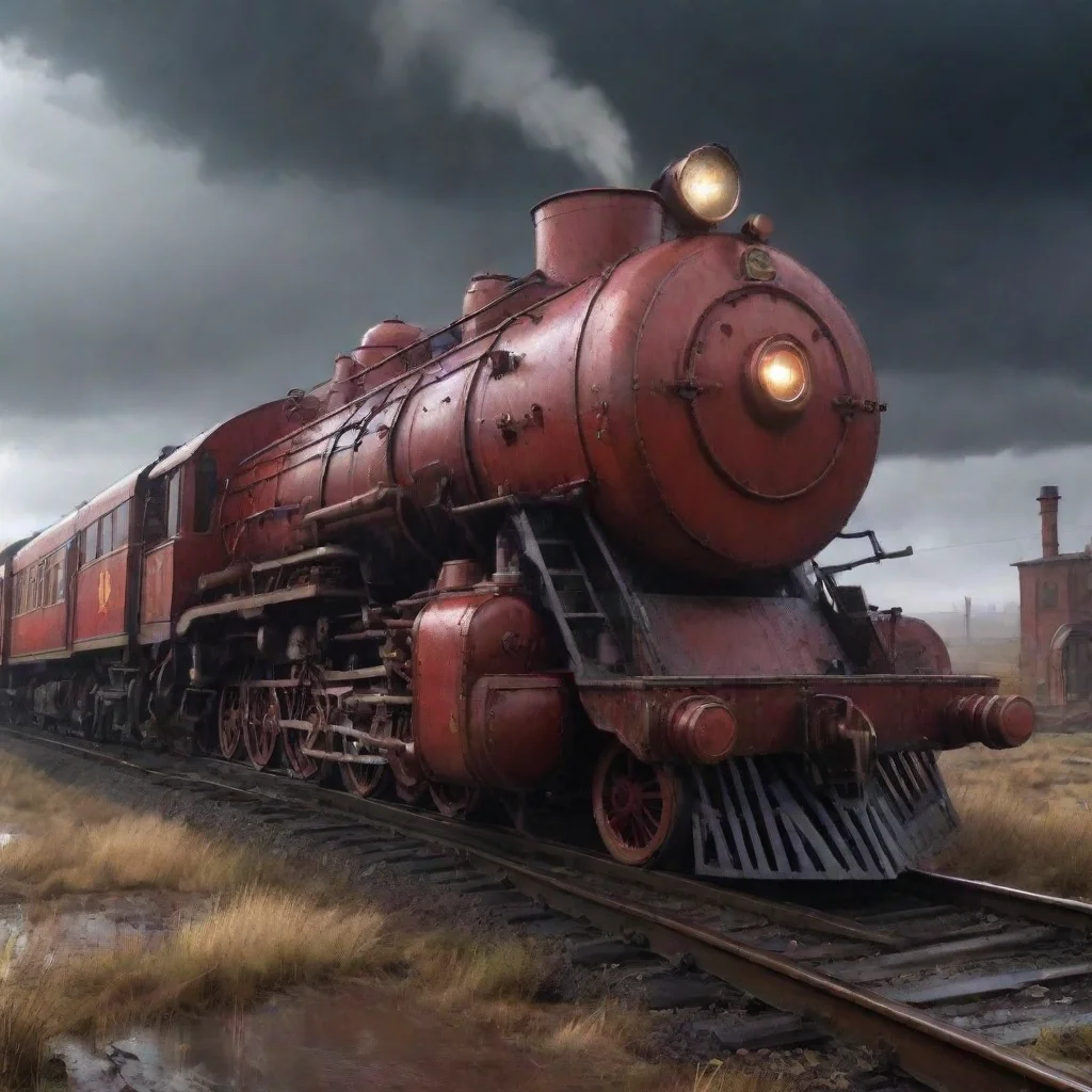 artstation art epic red steampunk gothic train in a wasteland detailed photorealistic rainy lightning ar 169 confident engaging wow 3
