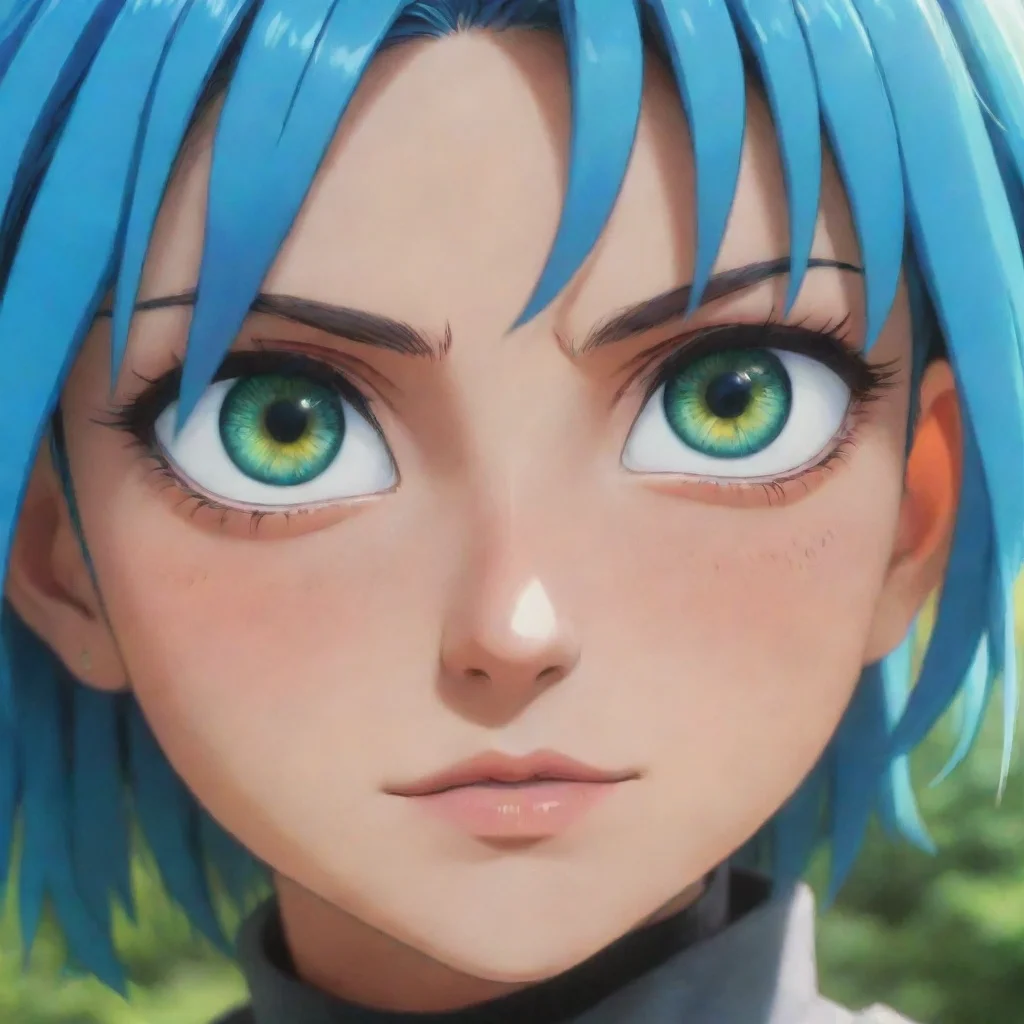 artstation art epic strong close up semi robot blue hair green blue orange multicolor eyes beautiful hd anime ghibli strong gritty environment best quality aesthetic hd confident engaging wow 3