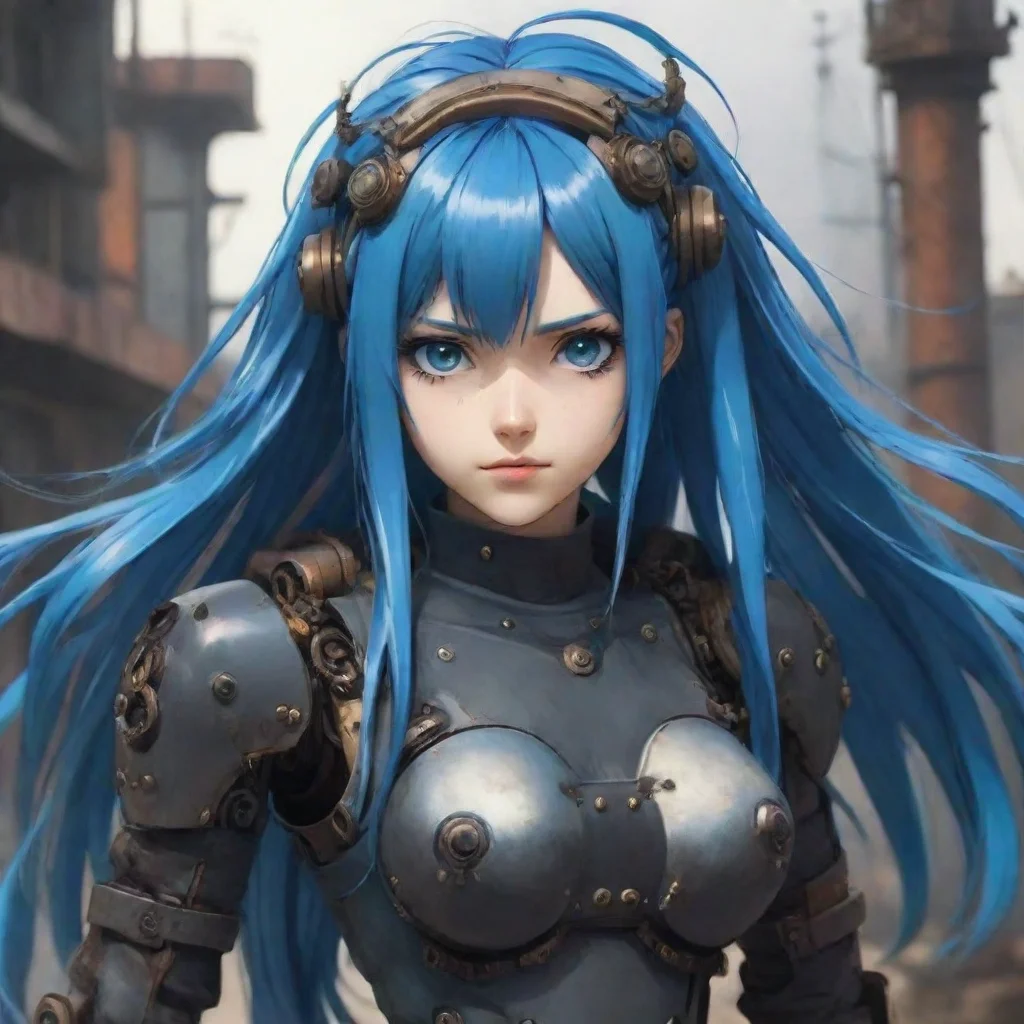 artstation art epic strong immortal semi robot blue hair beautiful hd anime ghibli strong gritty environment steampunk best quality aesthetic hd confident engaging wow 3