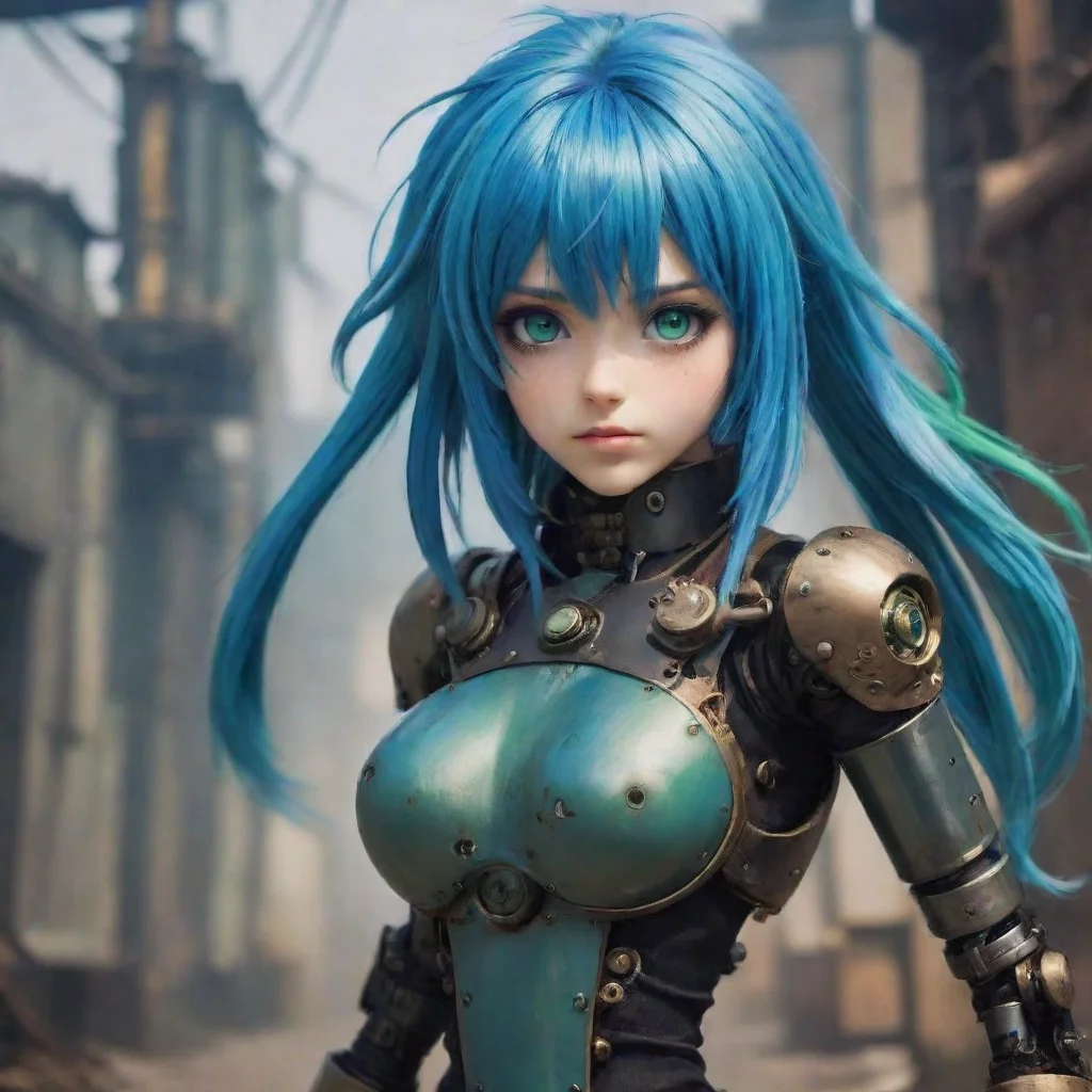 artstation art epic strong immortal semi robot blue hair one green one blue eye beautiful hd anime ghibli strong gritty environment steampunk best quality aesthetic hd confident engaging wow 3