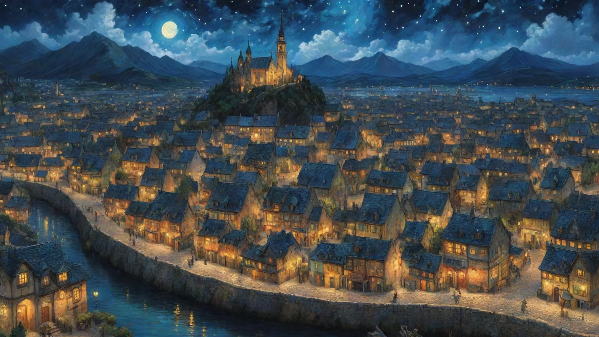 artstation art epic town lit up at night sky epic lovely artistic ghibli van gogh happyness bliss peace  detailed asthetic hd wow confident engaging wow 3 wide