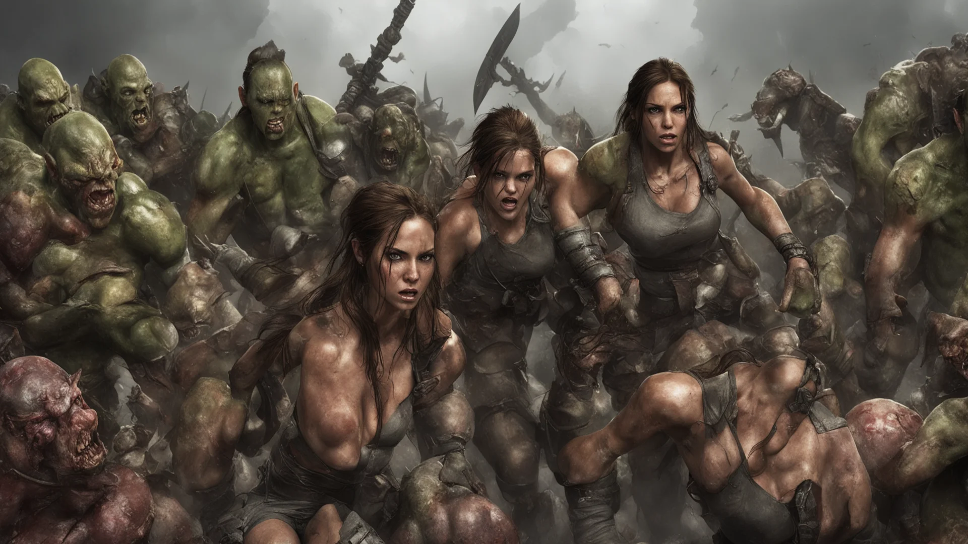 artstation art fallen lara croft surrounded by angry orcs confident engaging wow 3 wide