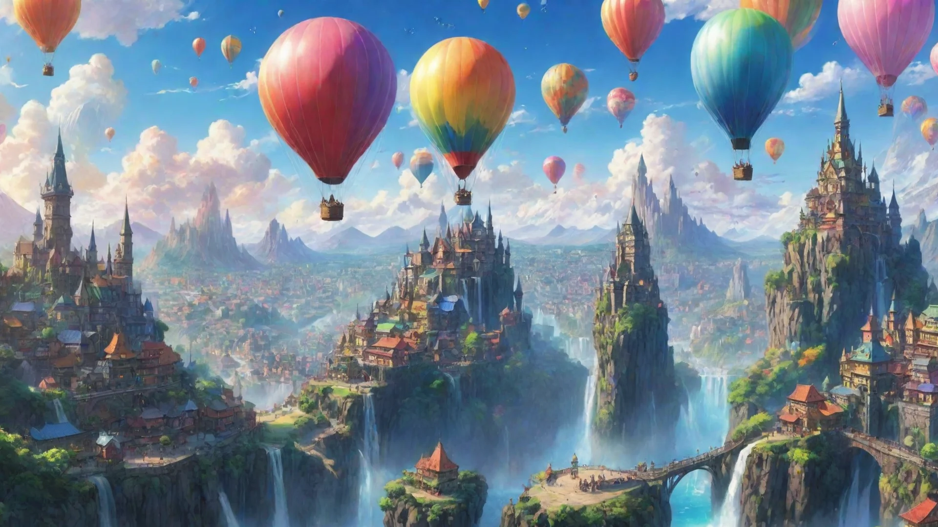 artstation art fantasy anime ghibli world city with flying colorful hot air baloons cities waterfalls crystals rainbows planets ins sky extreme color lovely color contrast amazing confident engaging