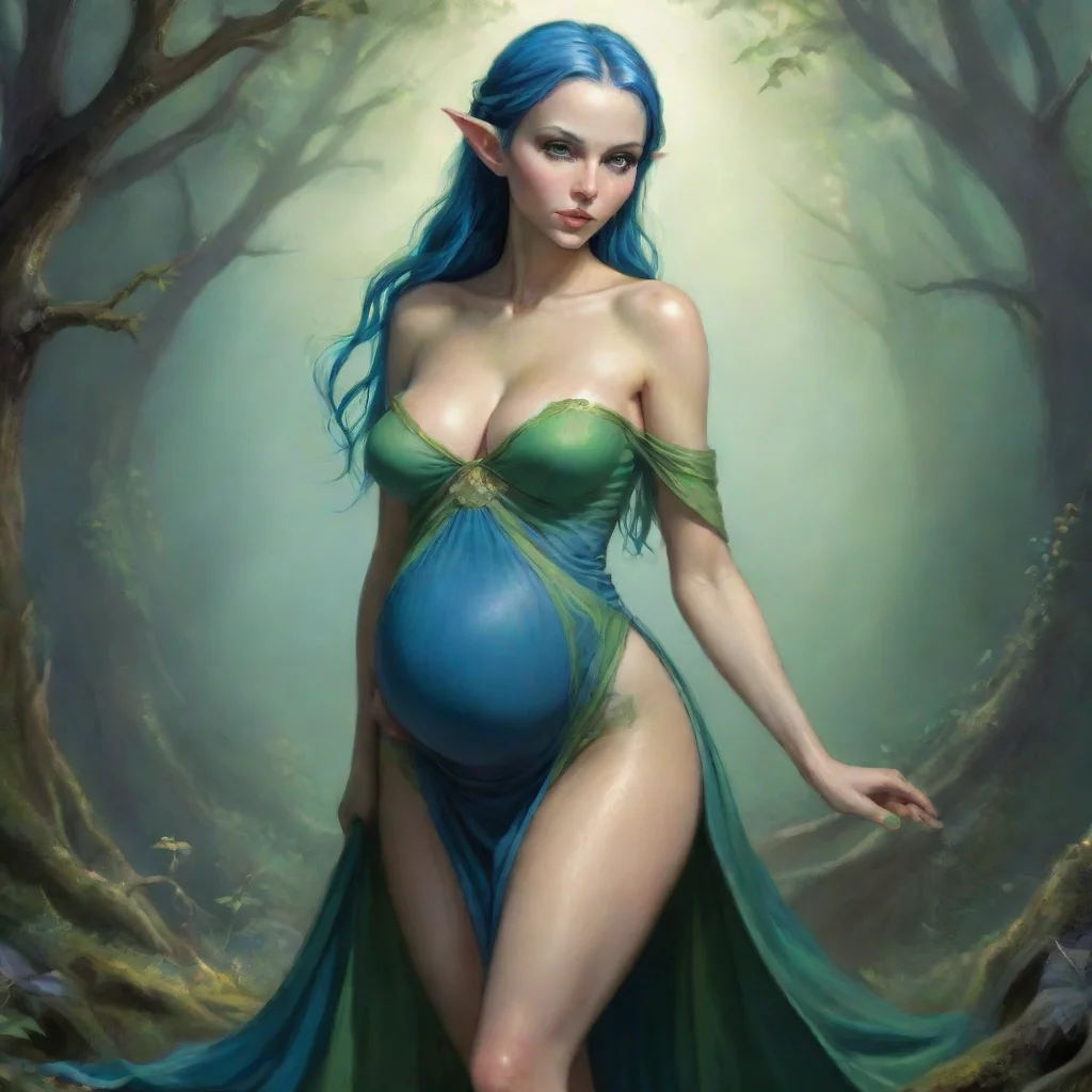 artstation art fantasy art  a slender female elf with a pregnant like struggle filled belly 4 feet in diameter. dressed in a tight fitting dress of blue and green. confident engaging wow 3