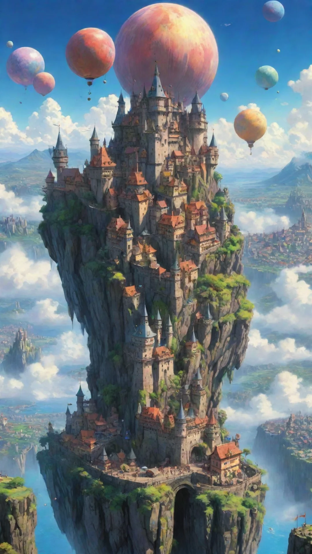 artstation art fantasy art ghibli miyazaki hd best quality aesthetic flying castle colorful planets city fortress  confident engaging wow 3 tall
