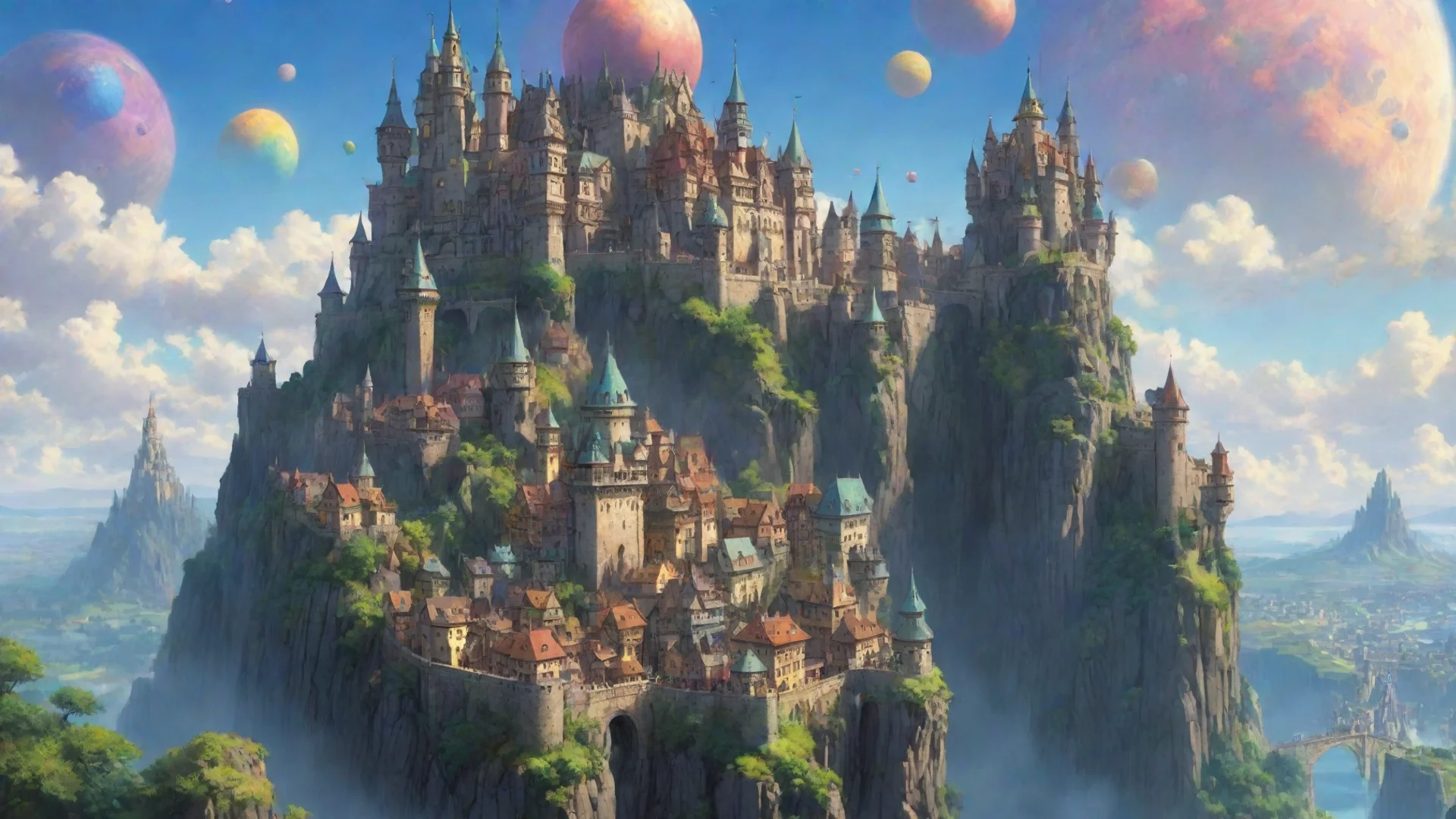 artstation art fantasy art ghibli miyazaki hd best quality aesthetic flying castle colorful planets city fortress  confident engaging wow 3 wide