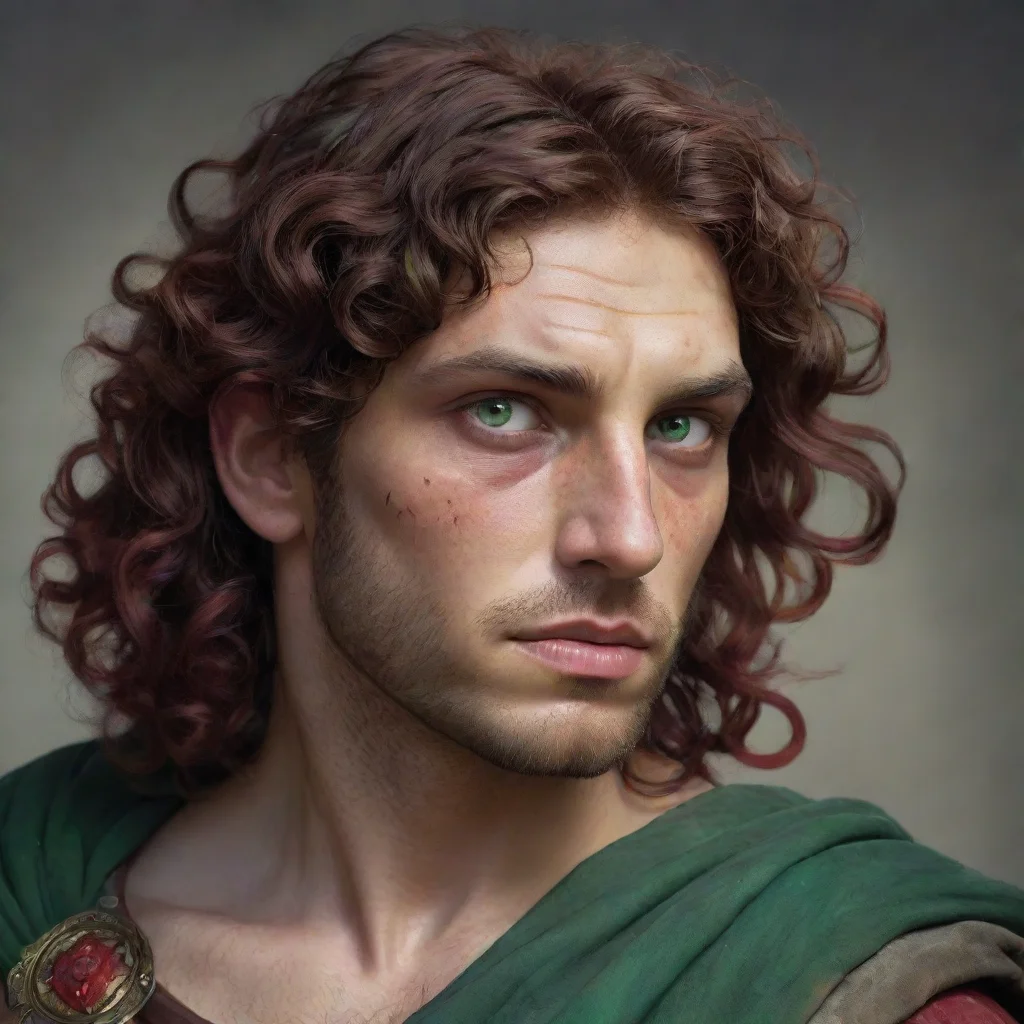 aiartstation art fantasy portrait of a greek man with green eyes and curly%2C shoulder length brown hair with crimson scars that go the length of his arms confident engaging wow 3