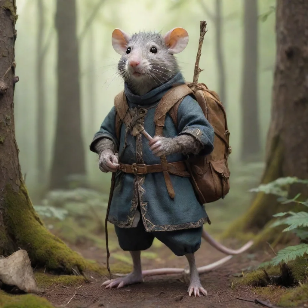 aiartstation art fantasy rat knight in common garb in a forest with a toothpick for a walking stick%2C wearing a large backpack confident engaging wow 3