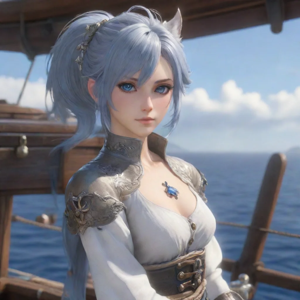 aiartstation art female  sea wolf roegadyn %28final fantasy xiv%29 blue and silver hair grey eyes pretty face pale skin standing on large boat confident engaging wow 3