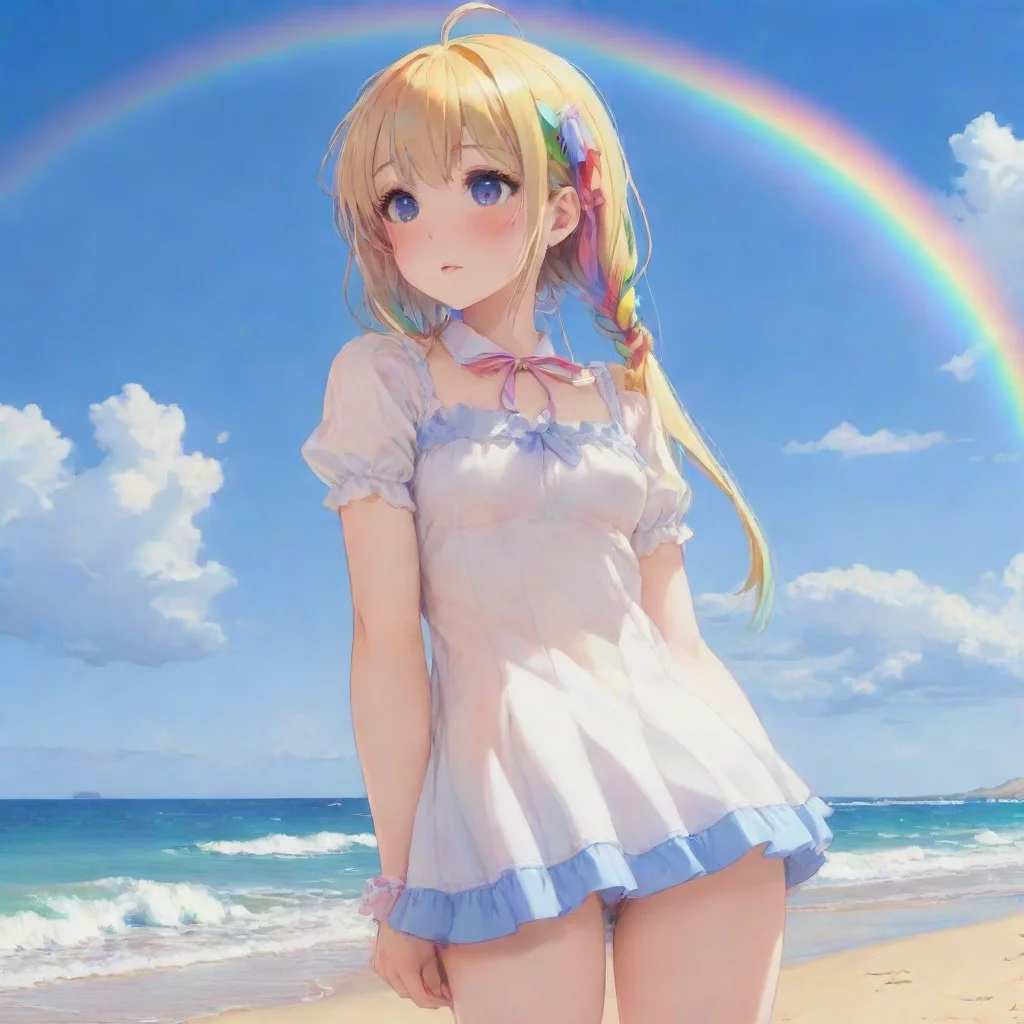 aiartstation art female loli on beach lewd rainbow in background blue skies confident engaging wow 3