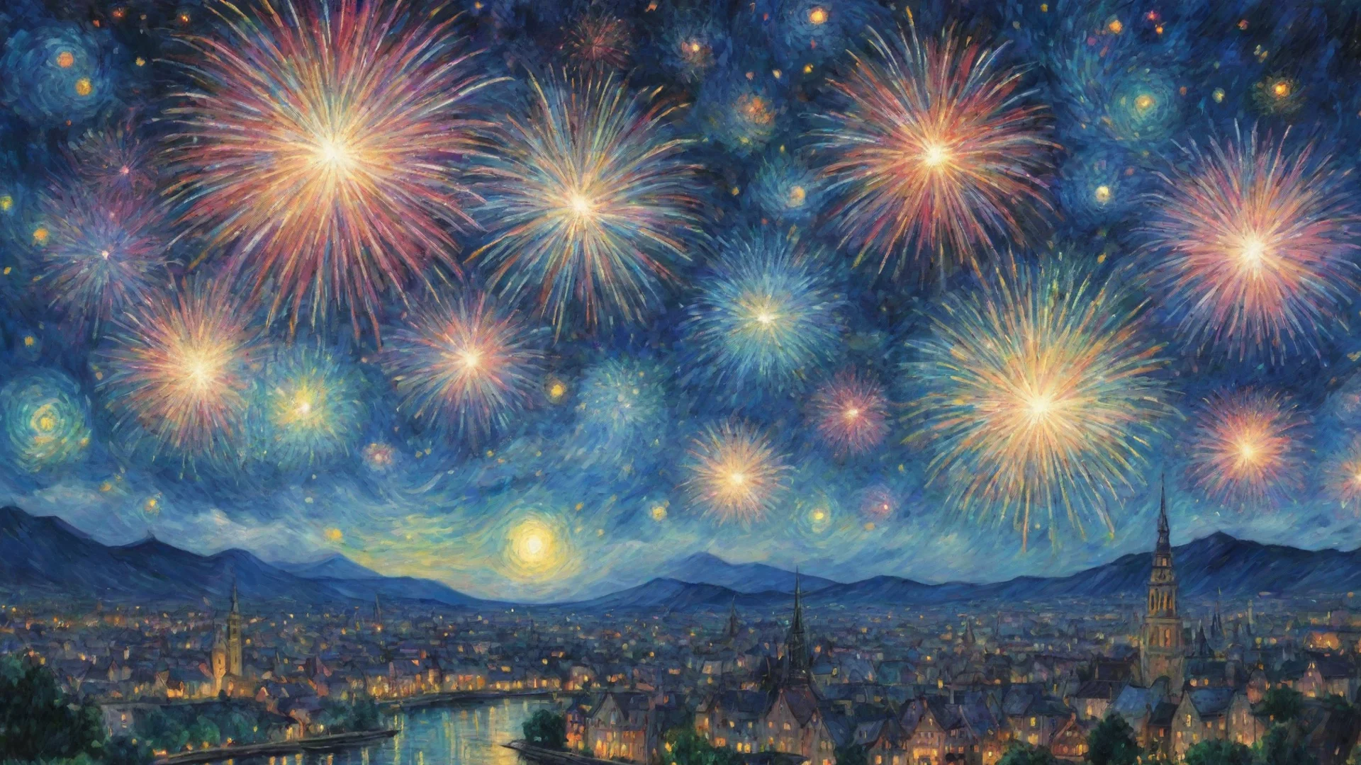 artstation art fireworks in sky epic lovely artistic ghibli van gogh happyness bliss peace  detailed asthetic confident engaging wow 3 wide