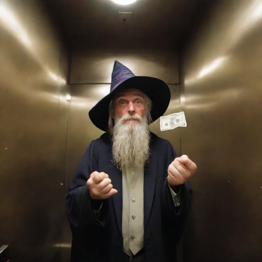 aiartstation art fisheye wizard in an elevator giving money confident engaging wow 3