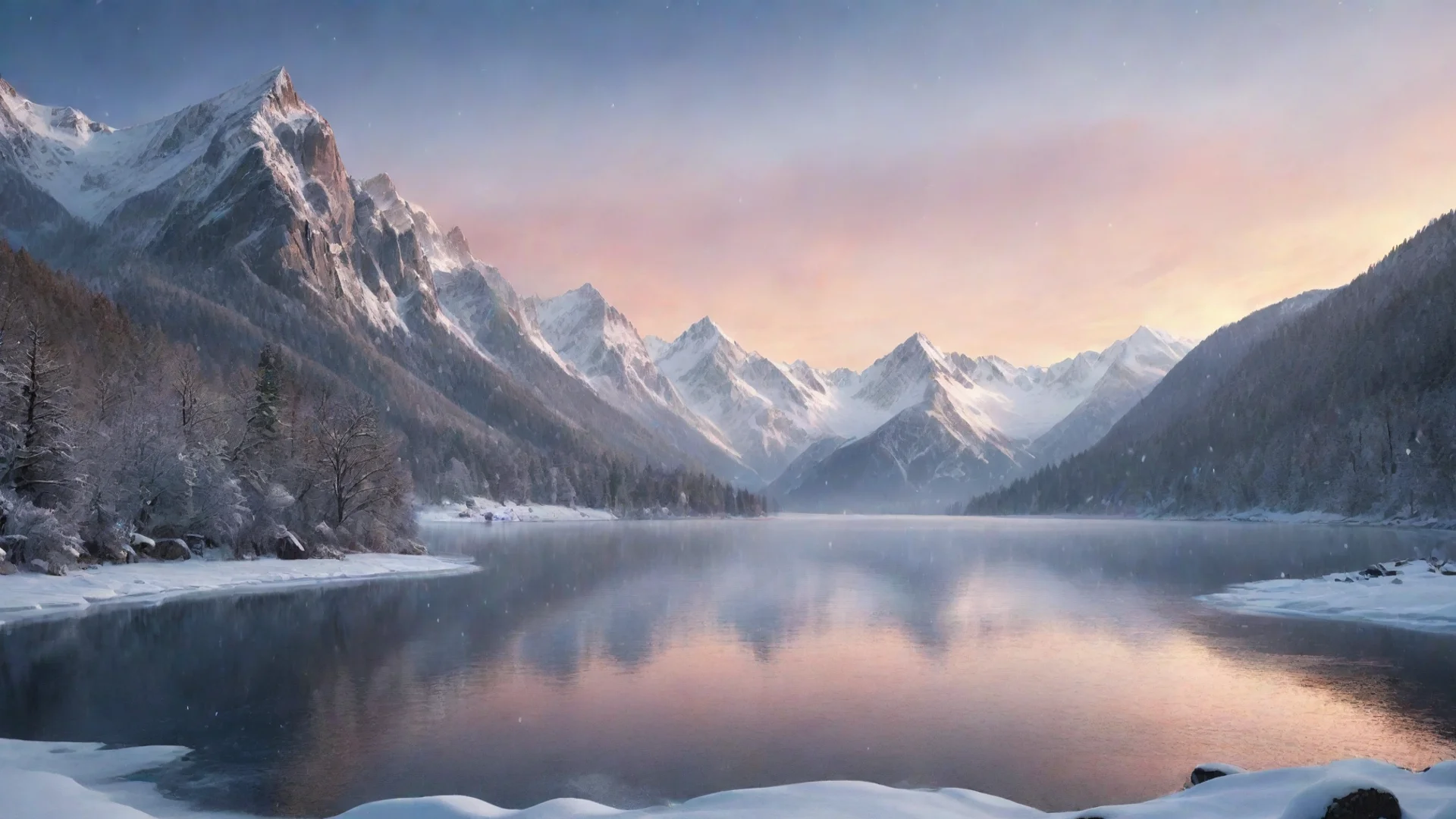 artstation art frozen lake with snow falling down in a mountainous background and during a sunset in a graphical design confident engaging wow 3 wide