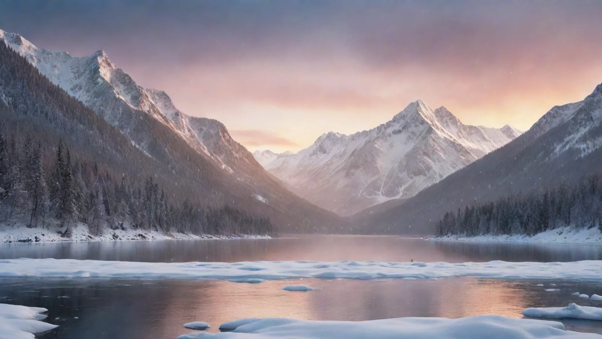 artstation art frozen lake with snow falling down in a mountainous background and during a sunset in graphic design confident engaging wow 3 wide