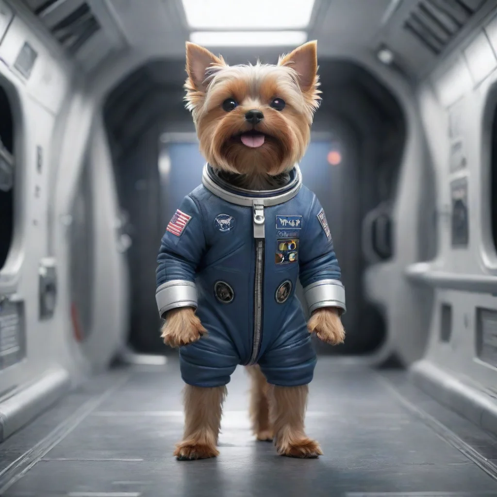artstation art full body standing on two foot yorkshire terrier astronaut 3d render unreal engine hyper realistic trending artstation inside a spaceship confident engaging wow 3