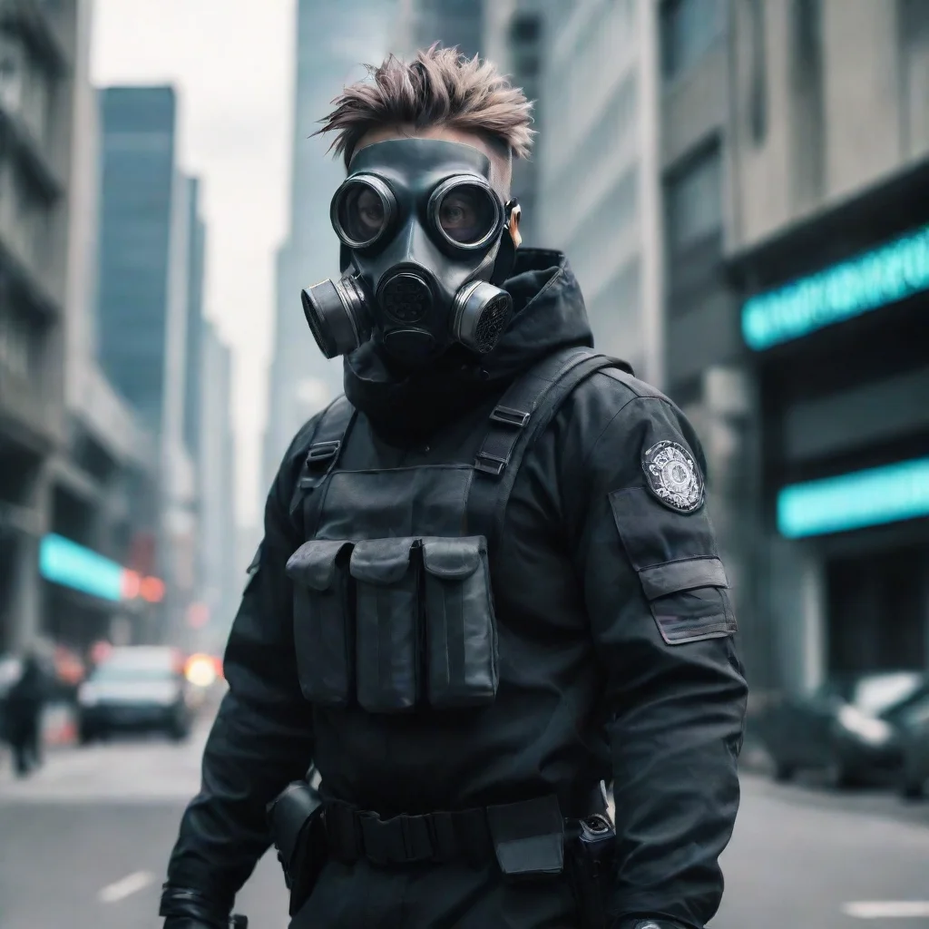 artstation art future cyber punk police man wearing gas mask in a large city confident engaging wow 3