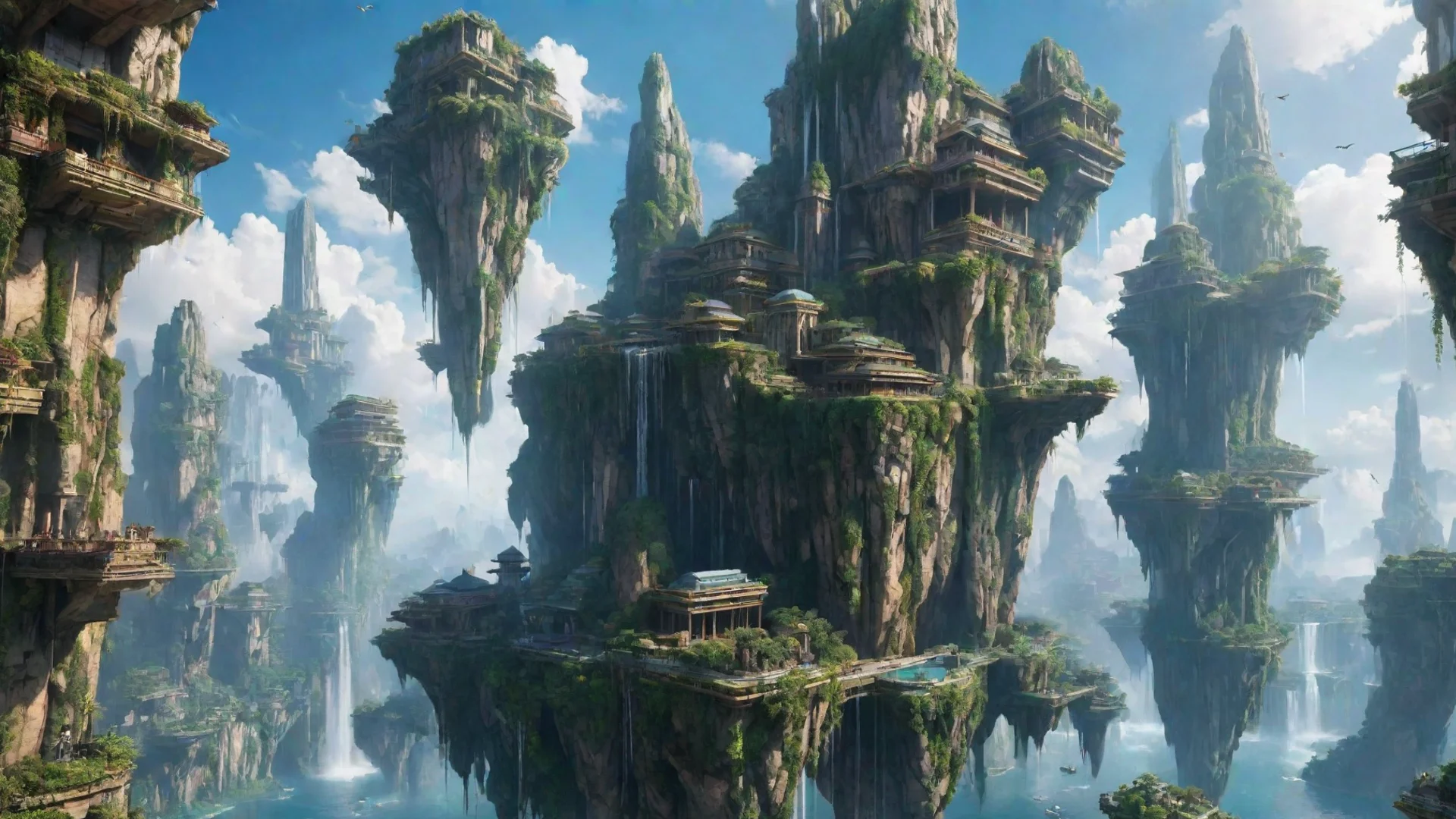 artstation art futuristic city amazing unreal architecture in sky epic floating city on floating cliffs with waterfalls down beautiful sky hanging gardens hd aesthetic confident engaging wow 3 wide.