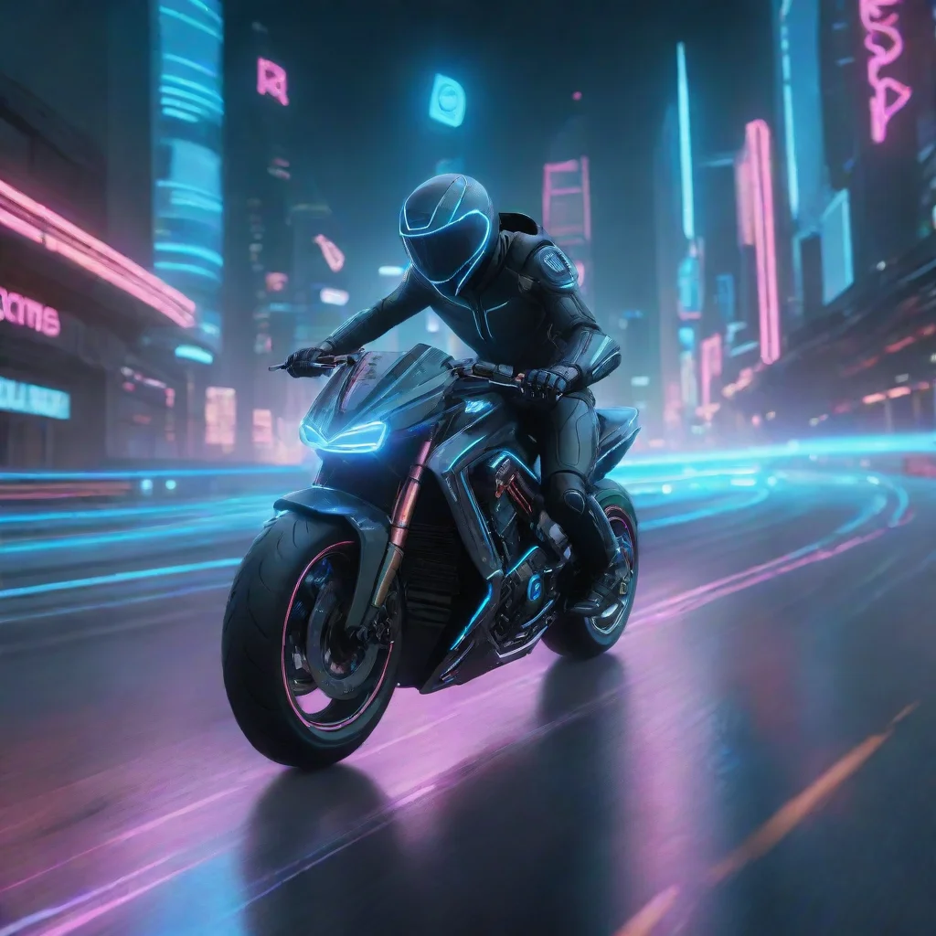 artstation art futuristic cyberpunk motorcycle dashing down the highway towards a futuristic city in the style of tron confident engaging wow 3