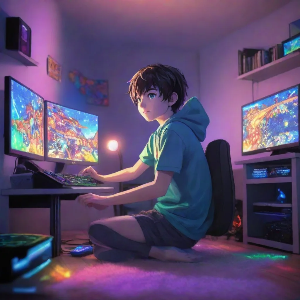 artstation art gamer boy anime cartoon about 13 years old playing a modern gaming pc. the room his colorful leds lighting up the room. the boy is happy. the room should be bright and colorful