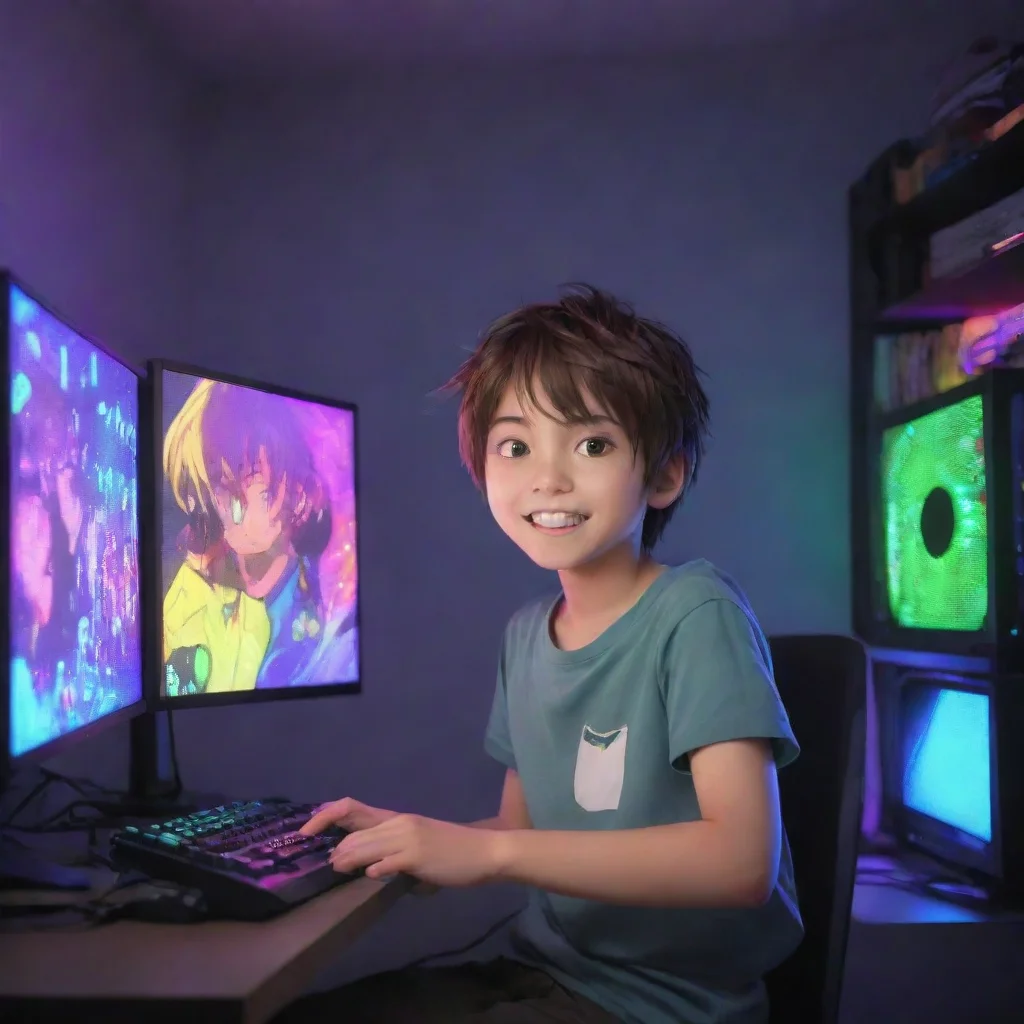 aiartstation art gamer boy anime cartoon playing a gaming pc. the room his colorful leds. the boy is happy confident engaging wow 3