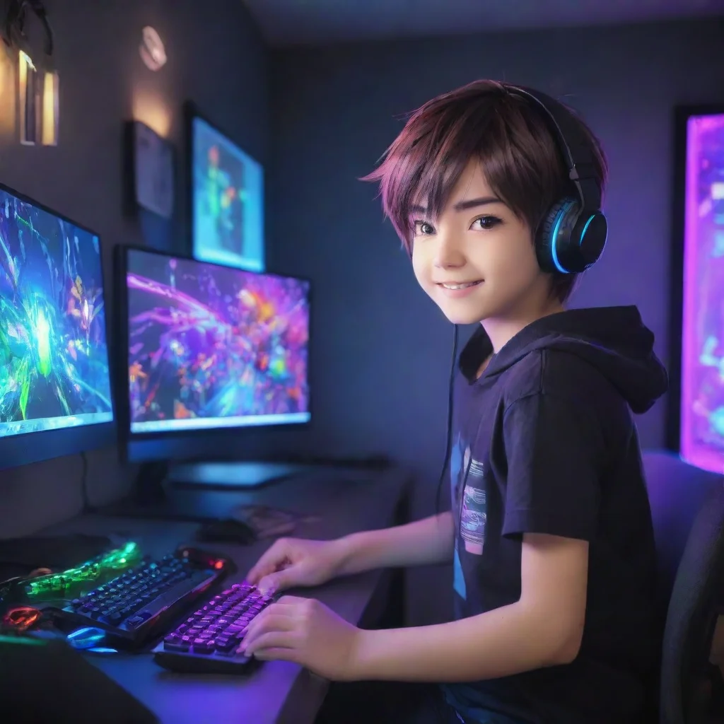 aiartstation art gamer boy anime cartoon playing a modern gaming pc. the room his colorful leds. the boy is happy confident engaging wow 3