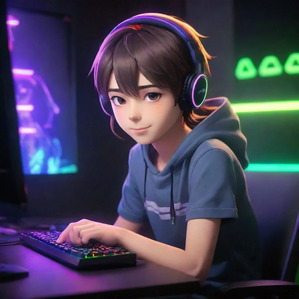 artstation art gamer boy anime cartoon sitting at a gaming pc and colorful led lighting. make it bright and fun and make him look happy confident engaging wow 3