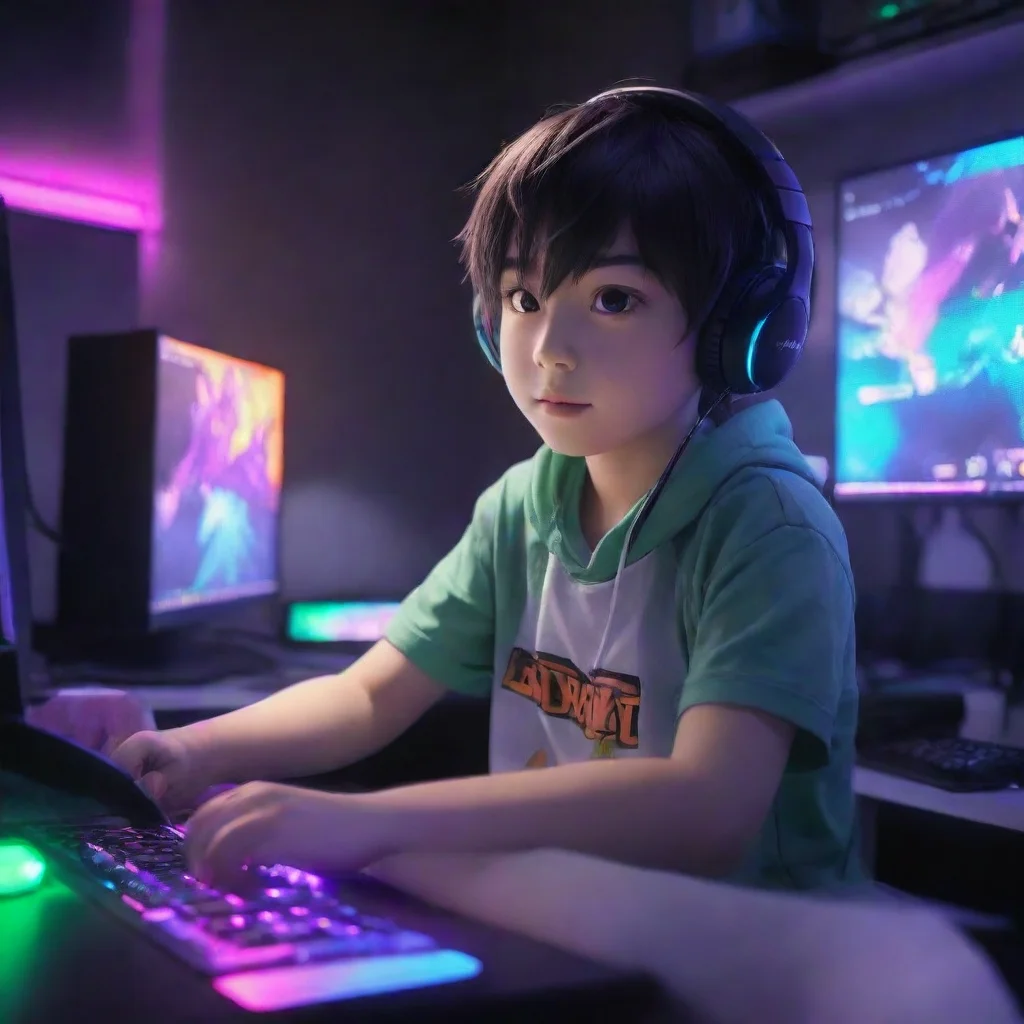 aiartstation art gamer boy anime cartoon sitting at a gaming pc and colorful led lighting. make it bright and fun confident engaging wow 3