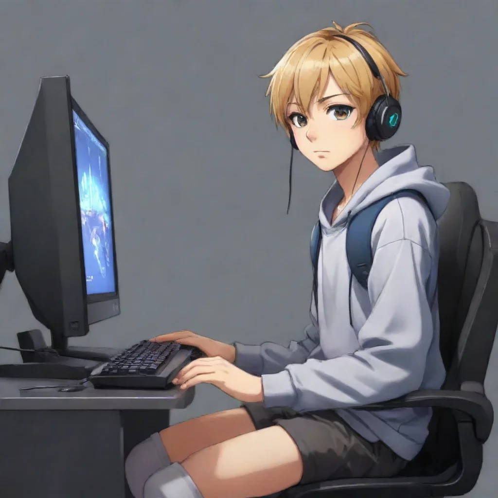 aiartstation art gamer boy anime cartoon sitting at a gaming pc confident engaging wow 3