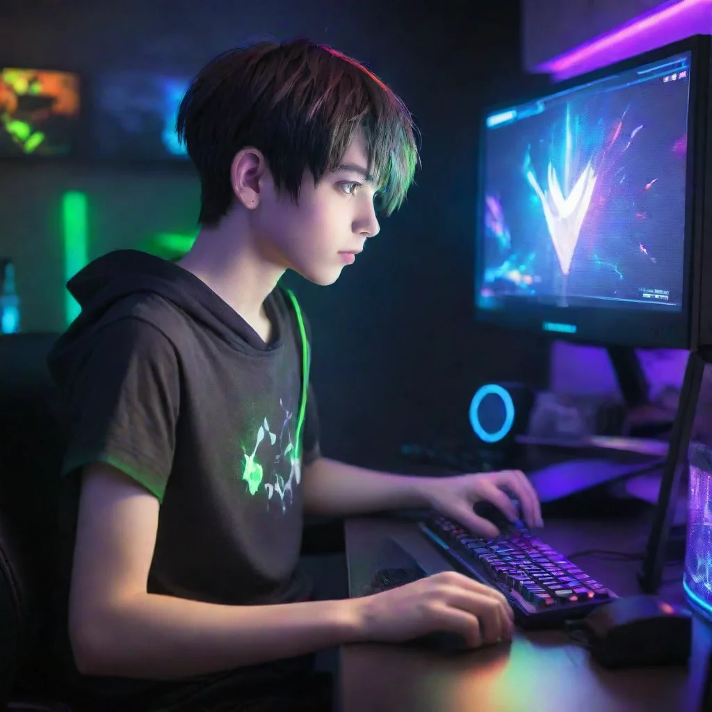 aiartstation art gamer boy with a zero fade haircut anime cartoon playing a gaming pc in a room lit up by bright and colorful led lighting confident engaging wow 3