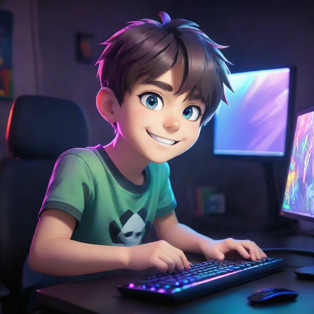 artstation art gamer boy with a zero fade haircut anime cartoon playing a gaming pc in a room lit up by bright and colorful led lighting. the boy looks happy confident engaging wow 3