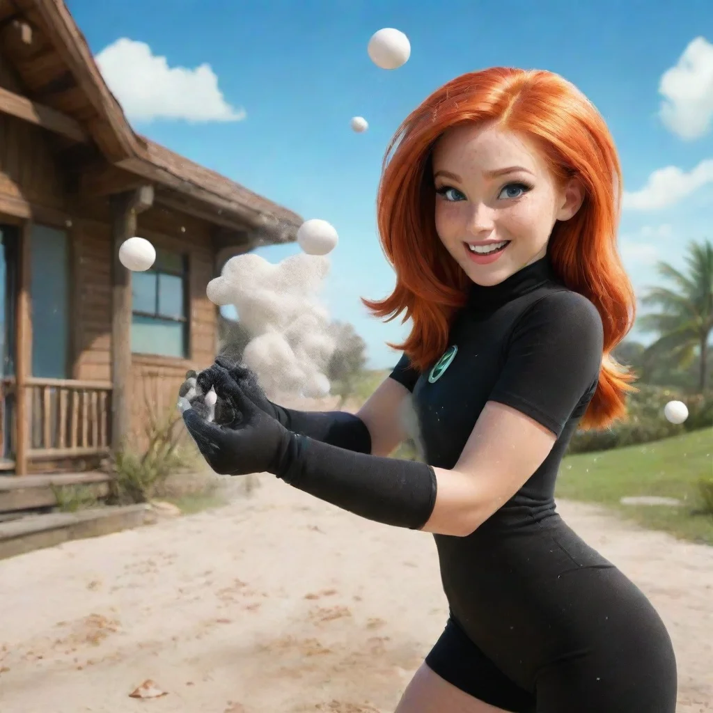artstation art generate images of kim possible  smiling seriously at a beach house in jamaica with black gloves and powerful rocket launcher and mayonnaise splashing and splattered everywhere squeez