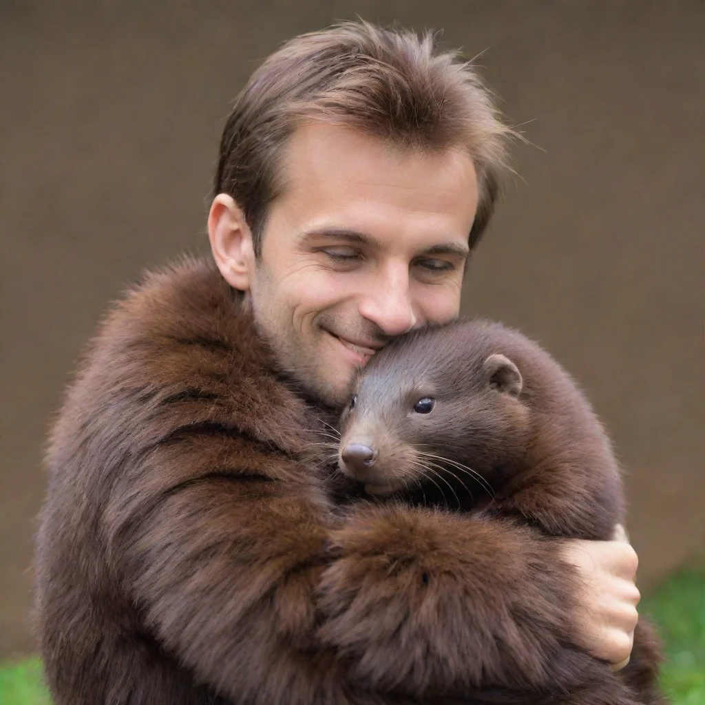 artstation art giant brown furry mink hugging a human male confident engaging wow 3