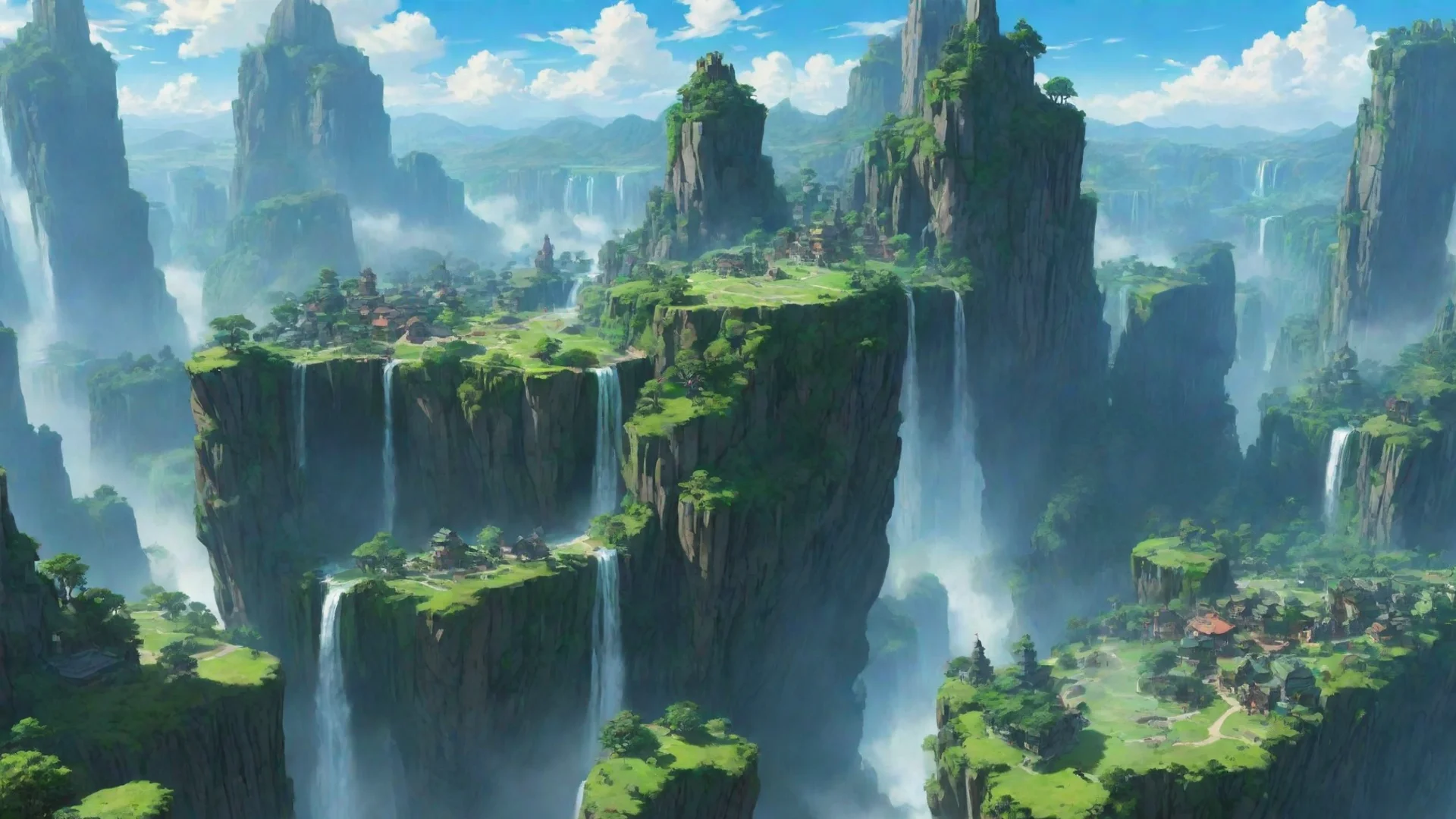 artstation art giant green planet in sky anime ghibli city on floating cliffs with waterfalls best hd aesthetic wow confident engaging wow 3 wide