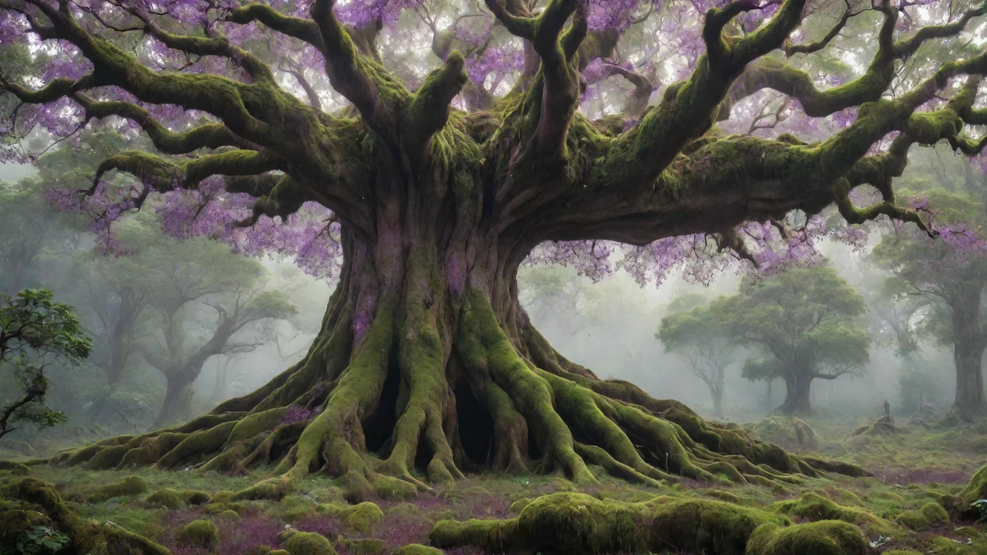 aiartstation art giant magic tree with small purple flying particles around it%2C lush green leaves with lush green moos around it confident engaging wow 3 wide