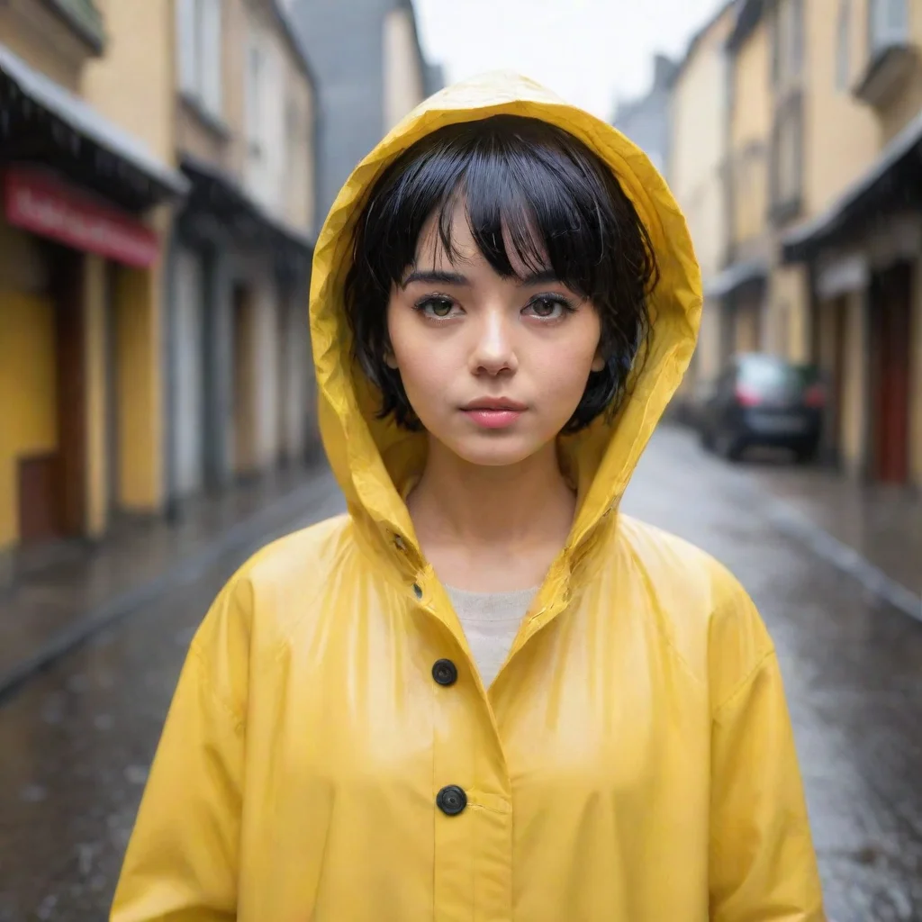 artstation art girl with short cutted black hair with a yellow raincoat confident engaging wow 3