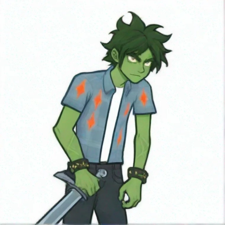 aiartstation art green skinned man with messy dark greeen hair%2C glowing white eyes%2C light blue flannel with flame pattern%2C hunched over%2C holding diamond sword confident engaging wow 3