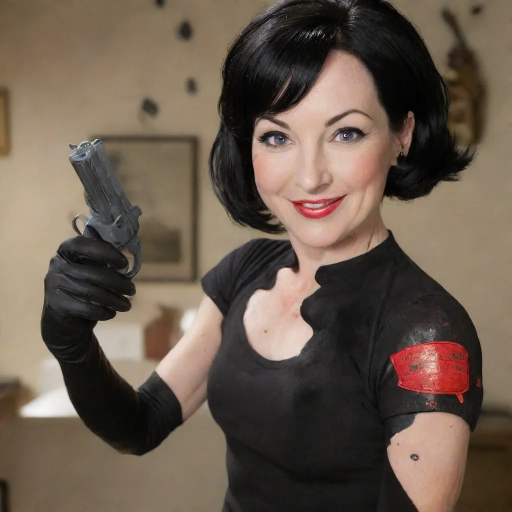 artstation art grey delisle smiling  with black  nitrile gloves and gun  and  mayonnaise splattered everywhere confident engaging wow 3