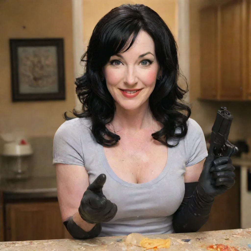 artstation art grey delisle smiling  with black nitrile gloves and gun  and  mayonnaise splattered everywhere confident engaging wow 3