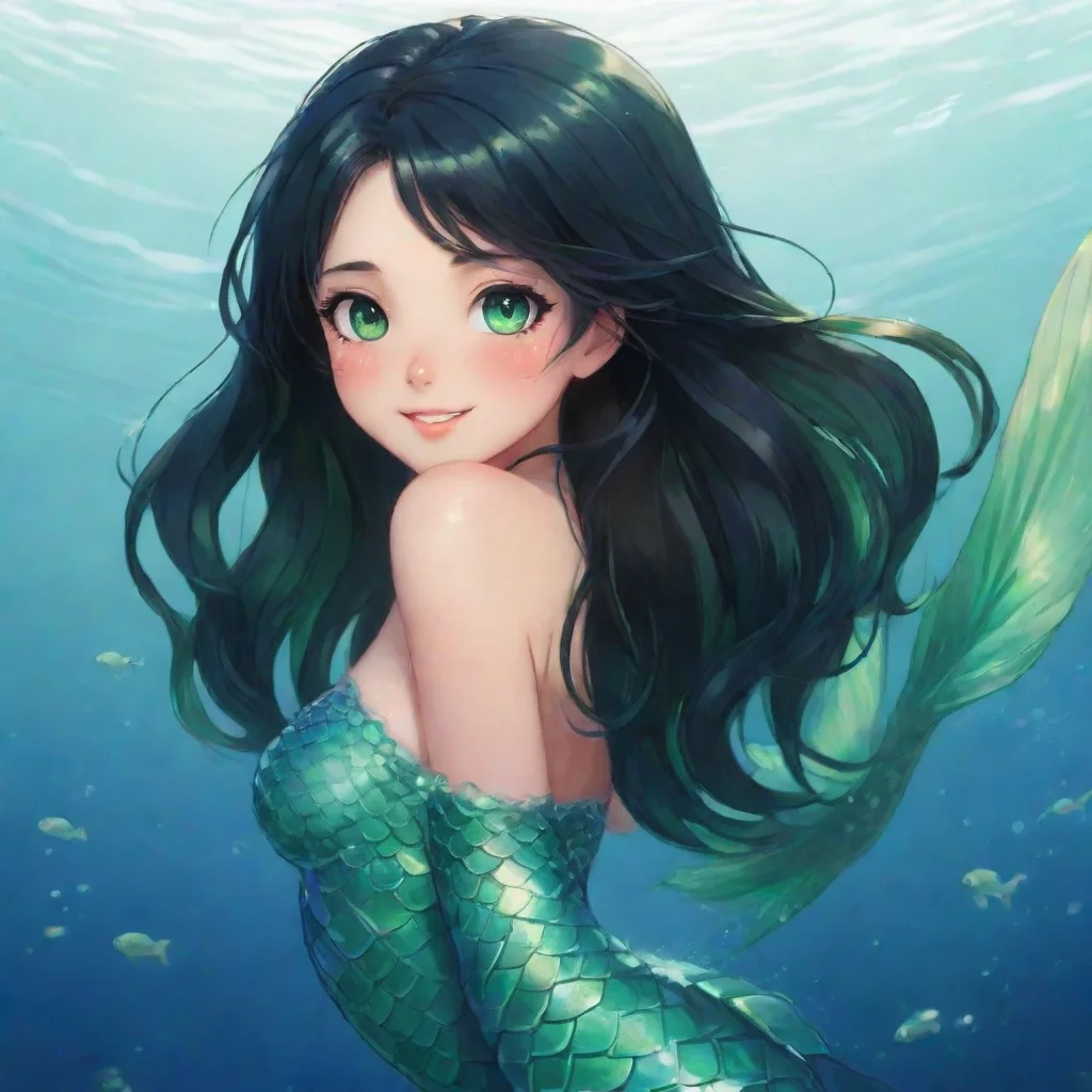 aiartstation art happy anime mermaid with black hair and green eyes confident engaging wow 3
