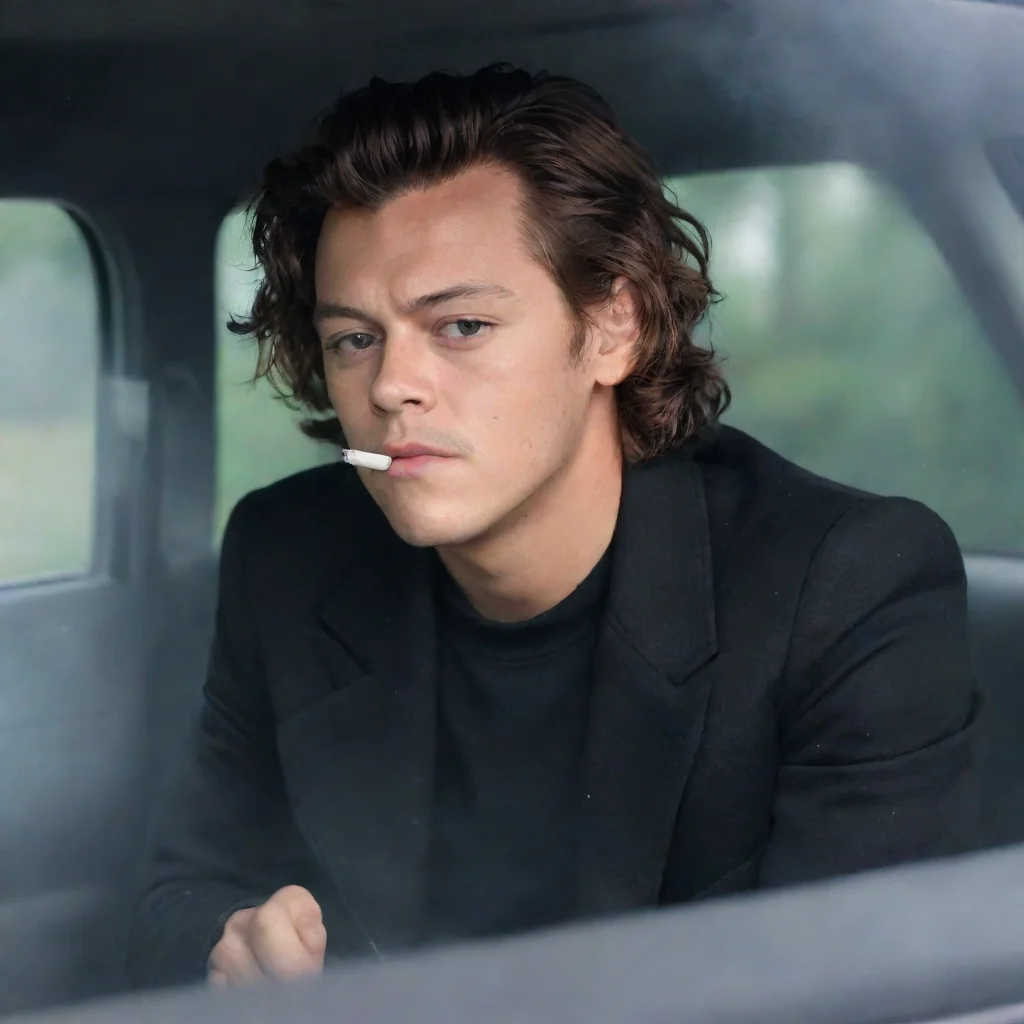 aiartstation art harry styles%2C in a car%2C smoke on the air%2C with a black jacket  confident engaging wow 3