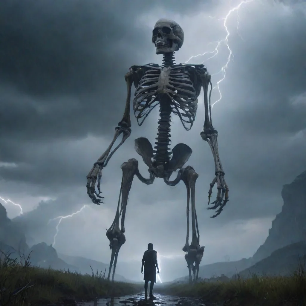 artstation art hd best aesthetic giant skeleton fantasy landscape rain lightning cinematic wanderer looking at giant skeleton standing up confident engaging wow 3