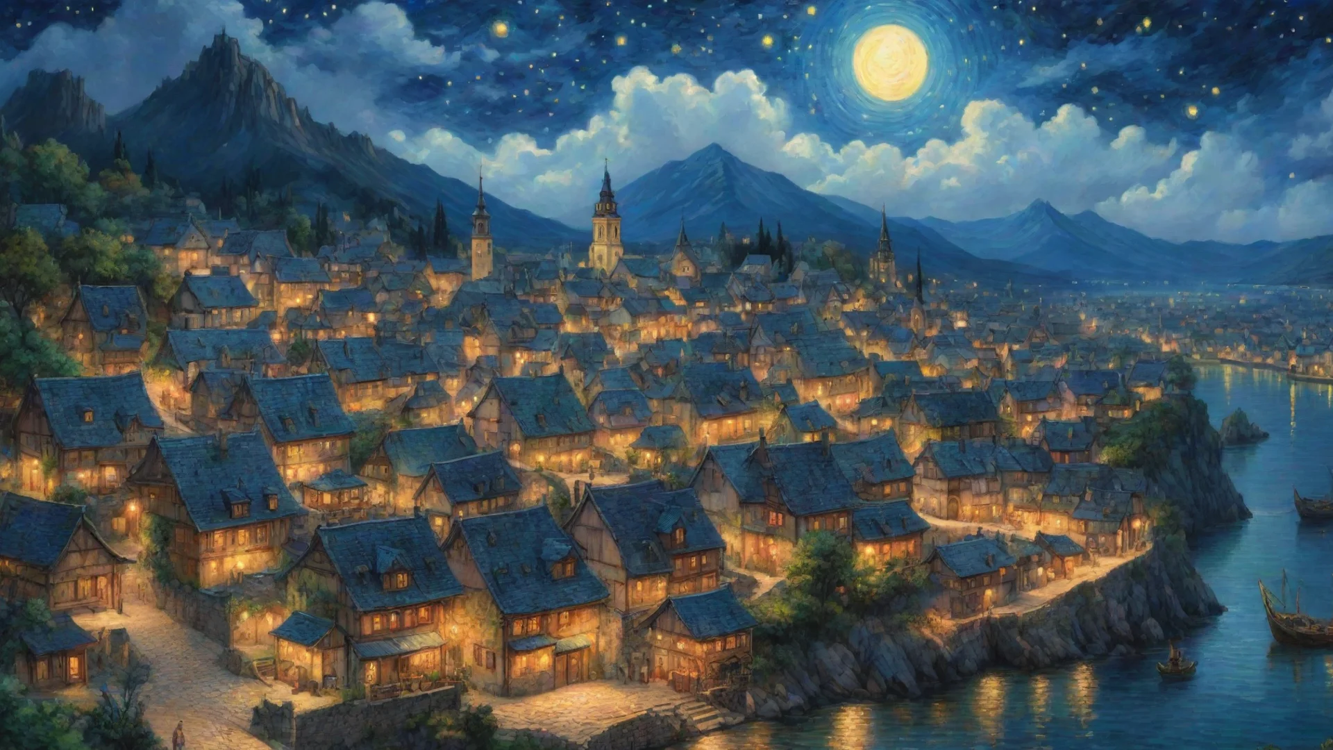 artstation art heavenly epic town lit up at night sky epic lovely artistic ghibli van gogh happyness bliss peace  detailed asthetic hd wow confident engaging wow 3 wide